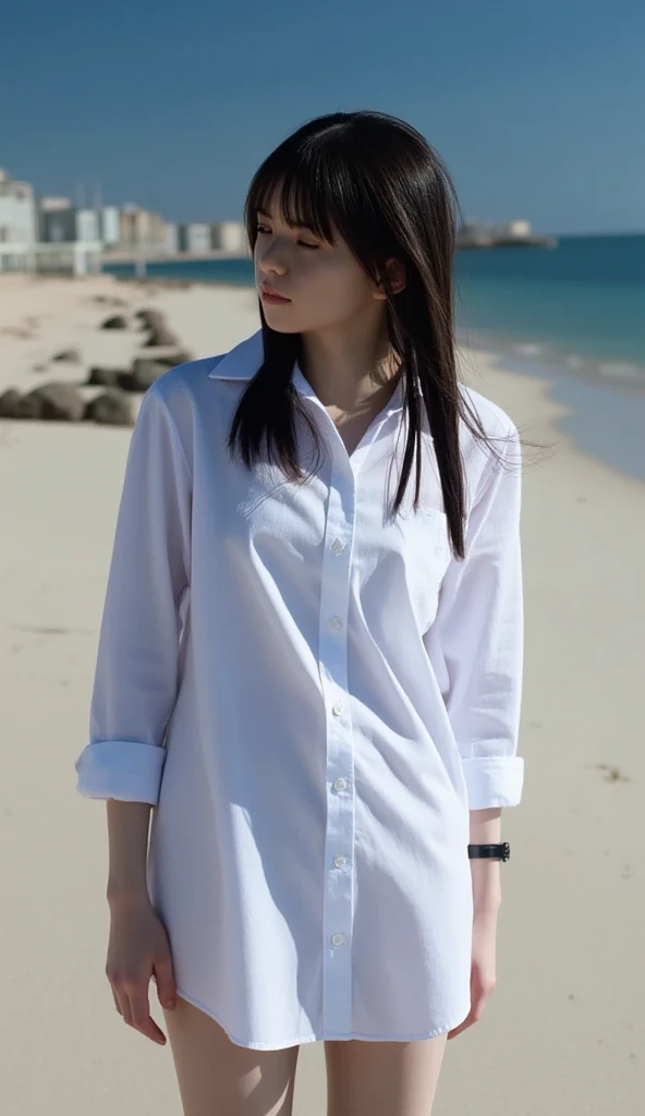 One Girl、Beautiful and detailed eyes and face、barefoot、Cute 16 year old Japanese girl, ((Extremely precise and accurate anatomy:1.0)), (photo Realistic:1.4), (hyper Realistic:1.4), (最高品質のRealisticな肌の質感:1.4), (Improvement of quality:1.4), (Enhances the beauty of skin texture:1.1), Clean and glowing skin, mesh, thin:1.2, (Realistic:1.3), Realisticなライティング, (Smoother lighting:1.05), (Improving the quality of cinema lighting:0.9), Backlight, A gentle light on your face, Ray Tracing, (Bright light:1.2), 32K, One Japanese woman, fine grain, Detailed face, (Film Grain:1.1),(Accentuates body lines:1.1), High resolution, Natural look, Kind eyes, Improves hair quality, Delicate light and shadow, Transparent muscles, Graceful pose, Beautiful Eyes, Sharp details, Soft light reflection, Beautiful contours, Delicate skin tone, Fine hair texture, Natural background, (((sunny day、School zone、A strong wind is blowing、Her hair and skirt are flying、 Open shirt、Pleated skirt、stroll:1.25、Light of the sun、Clear skies、stage、Blue sky and white clouds、The joys of youth)))、