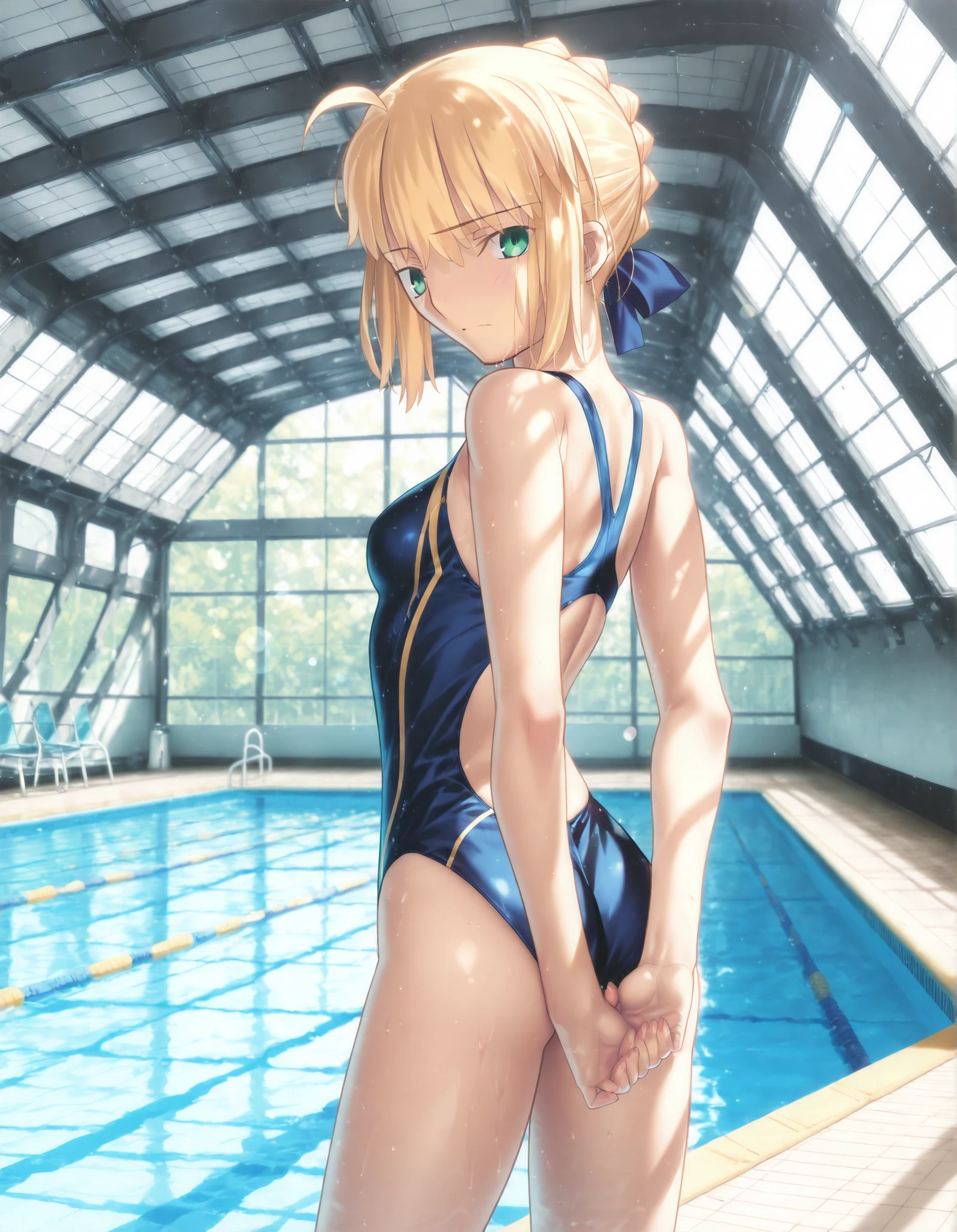 masterpiece, , absurdres, highres, detailed background, high resolution, masterpiece, necessary, detail, best quality, quality, necessary, details, High details, Precise, 8k, indoors, pool side, dappled sunlight, day, lens flare, blurry background, ,from back, , solo,
1girl, , Takeuchi Takashi (type-moon,tsukihime) style, takeuchi takashi style, (aged up), (), , (covering ass, covering hip),
girl, slim arms, artoria pendragon , artoria pendragon (fate), saber, hair bun, single hair bun, braid, blonde hair, green eyes, half-closed eyes ,ahoge ,( ), dark blue competition swimsuit, looking back, closed mouth, (small breasts), ,(),,