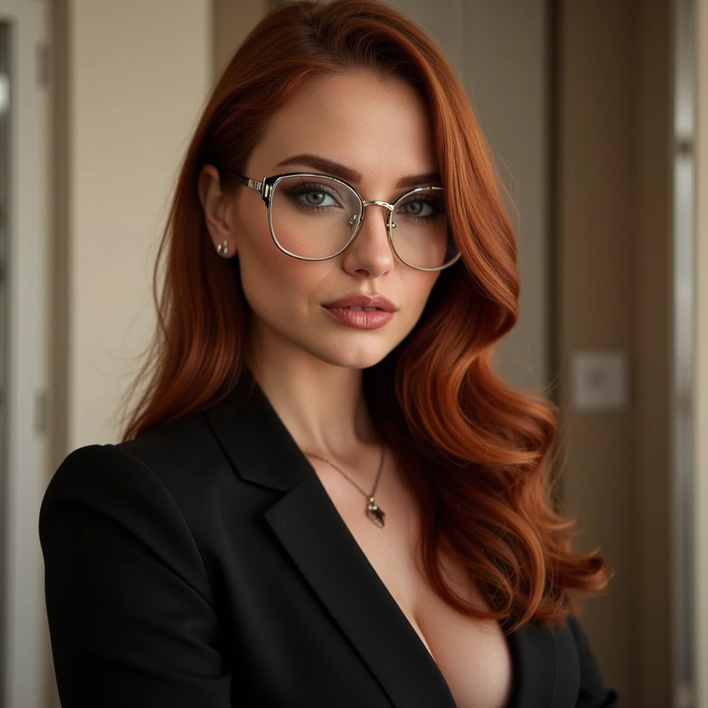 hyperrealistic beautiful busty 18-year-old women wearing latex men's suit jacket and trousers, glasses, model shooting full body photography, view from behind, natural redhead short curly bob, dark eye makeup with eyeliner, seductive smile, small necklace, 8K, Best quality, Meisterwerk, ultra high resolution, (Realismus: 1.4), Originalfoto, (realistische Hautstruktur: 1.3), (Filmkorn: 1.3), (Selfie-Winkel), 1 girl, Beautiful round hazel eyes and facial details, Meisterwerk, Best quality, selfie-pic-posing outside, nsfw