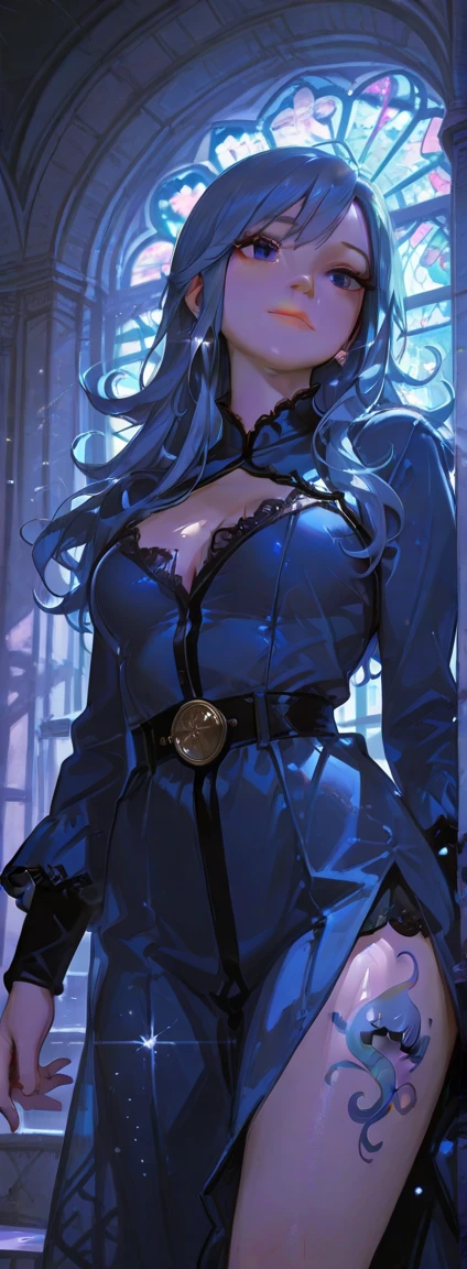 blue hair styled in a thick, long braid, glossy and striking; elongated, oblong face with high, defined cheekbones and a softly rounded chin; intense, captivating dark eyes framed by well-groomed eyebrows; full, plush, perfectly-shaped dark red lips; fitted black jacket over a high-necked dark red tshirt, modest and stylish; sleek, tailored jacket with subtle details; intricate tattoos subtly visible on right arm; modern helix piercing; calm and serious expression