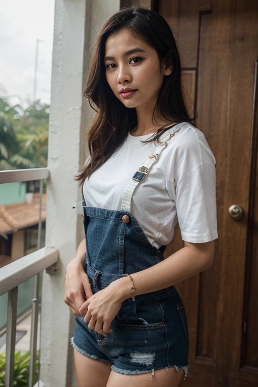 masterpiece, exstreme detailed, best quality, ultra highres, photorealistic, RAW photo, day lighting, volumetic, 1girl, solo, floating hair ((overalls)), white lingerie, ultra detailed hair, colorful flowers background, orange tone impression, (masterpiece,best quality:1.5)