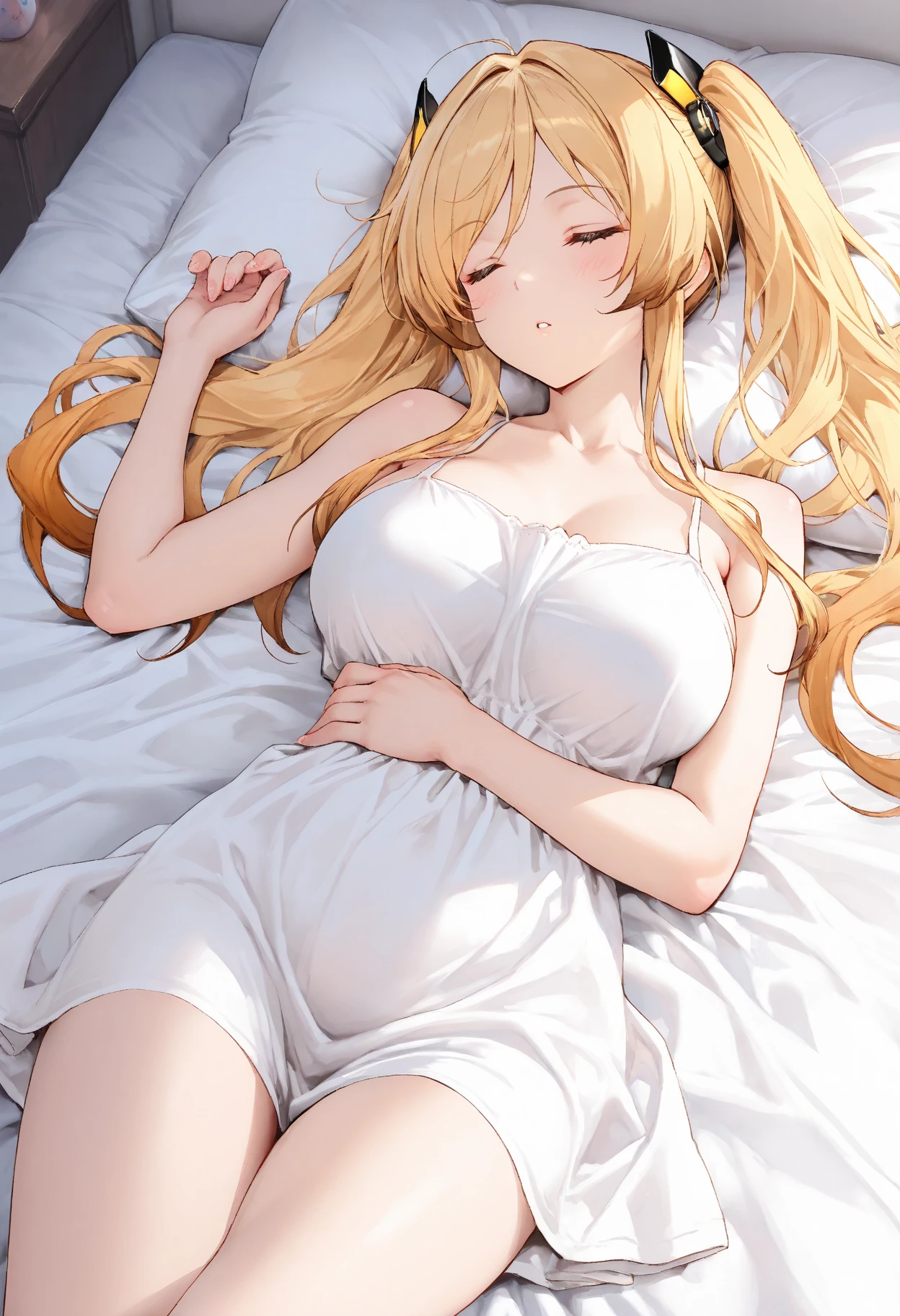 ((masterpiece)), (Highest quality), (detailed), (1 Girl),,Red eyes,Light brown hair、Long Hair、Wolf Ears、,bed、Large Breasts、blush、T-Shirts(tight)Maxi Dresses