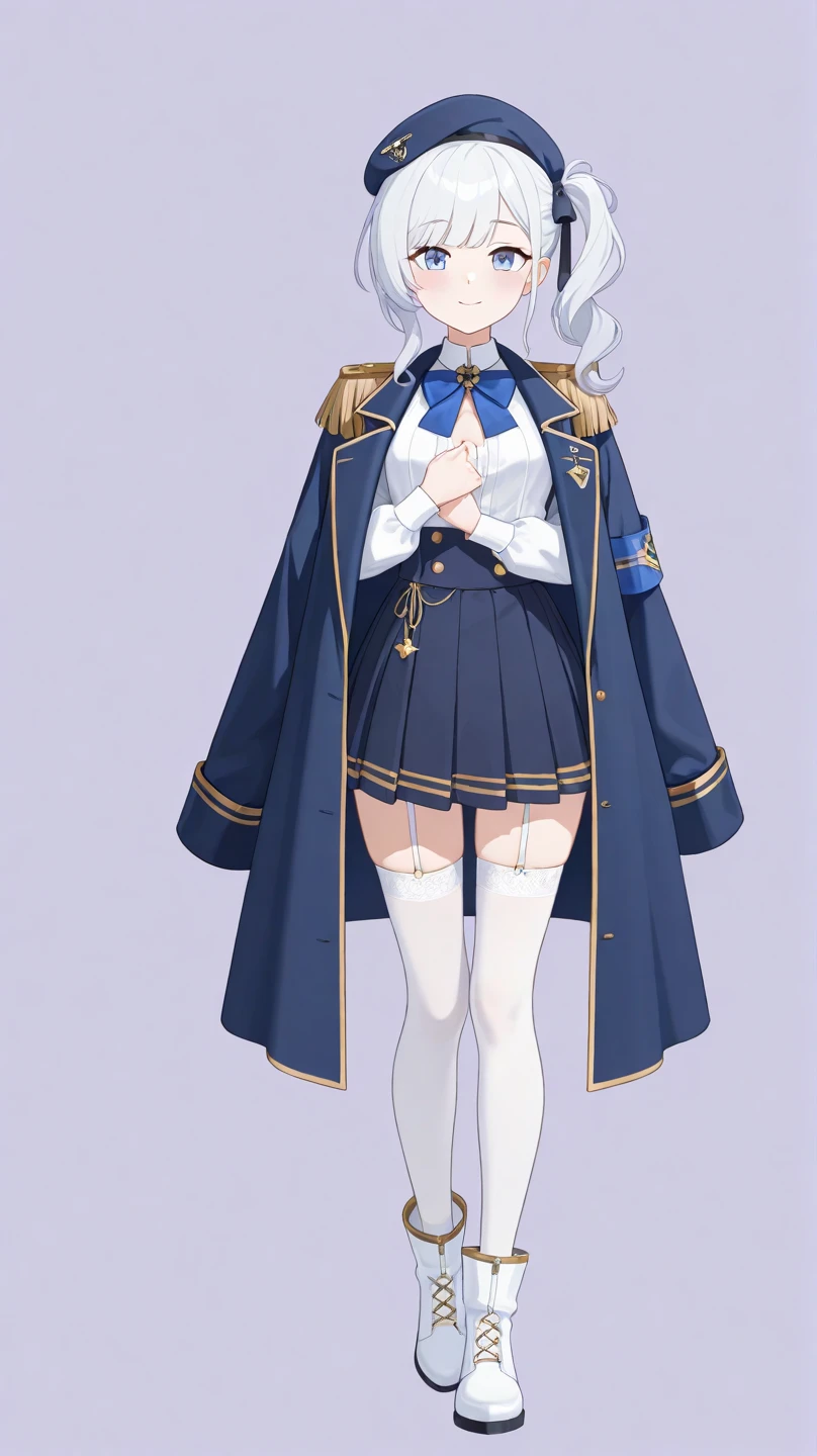 1boy, blonde, blue eyes, smiling, military coat, black booty shorts, military boots, thigh highs, usa