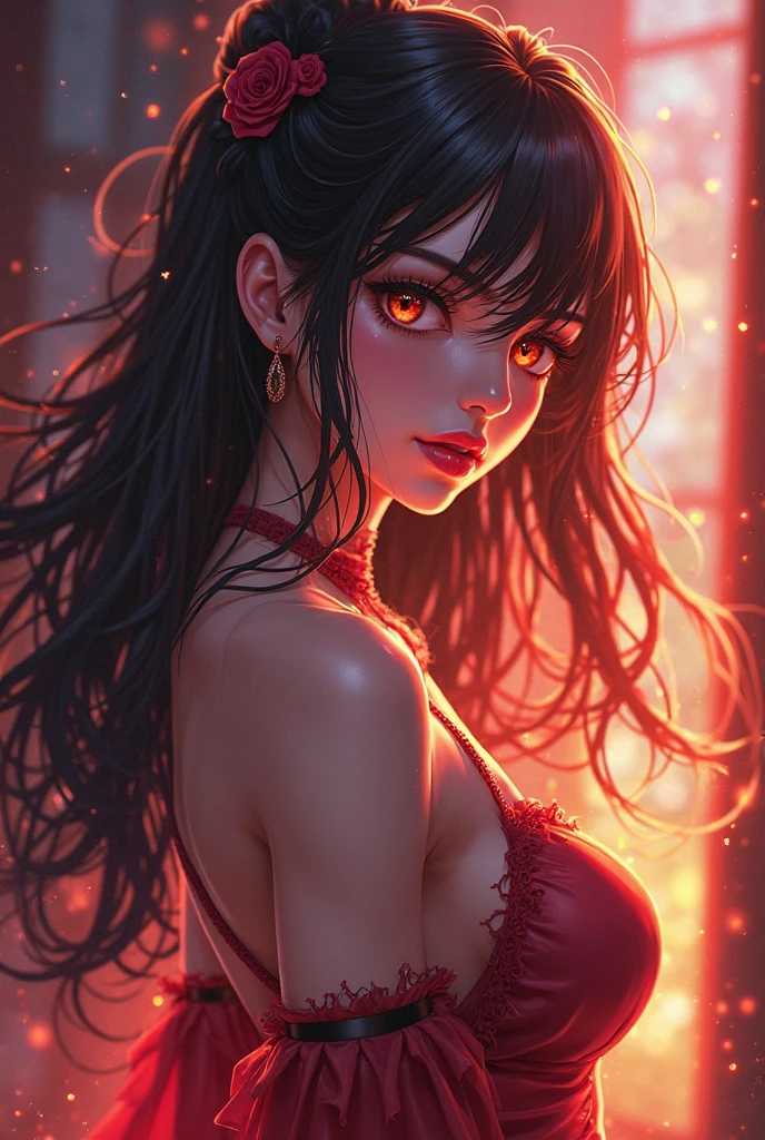highest quality, ultra high resolutions, super detailed, gorgeous, masterpiece, best quality, high resolution, finely detailed, extremely beautiful, distinct image, Sumerian Goddess Ishtar, Seductive bright RED-skinned Succubus, demon girl, onyx black horns jutting out her forehead, glistening and alluring red demonic skin, piercing olive-brown eyes, sleek and curly waist length black hair, slender and slim girl with mouthwatering curves, big breasts, 15 years old, plain off-shoulder crop blouse, white stockings, thong panties. 1 girl, solo, beautiful and seductive features, symmetrical face, S-shaped face, tall height, toned body, blurred nighttime city background, cowboy shot
