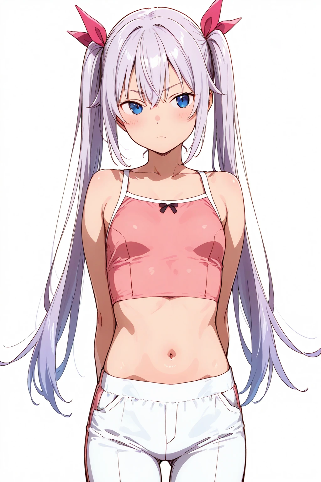 naked girl, white hair, braids, two tone hair, gradient eyes, midriff, thigh_gap, perfect skin, perfect lighting, simple background, bedroom eyes, cat_ears, :o, open_mouth, loose fitting crop top, natural sagging breasts, standing, panties, line art, sketch, skin blush, arms_behind_back, 
<lora:homebrew_kenshin187:0.9>