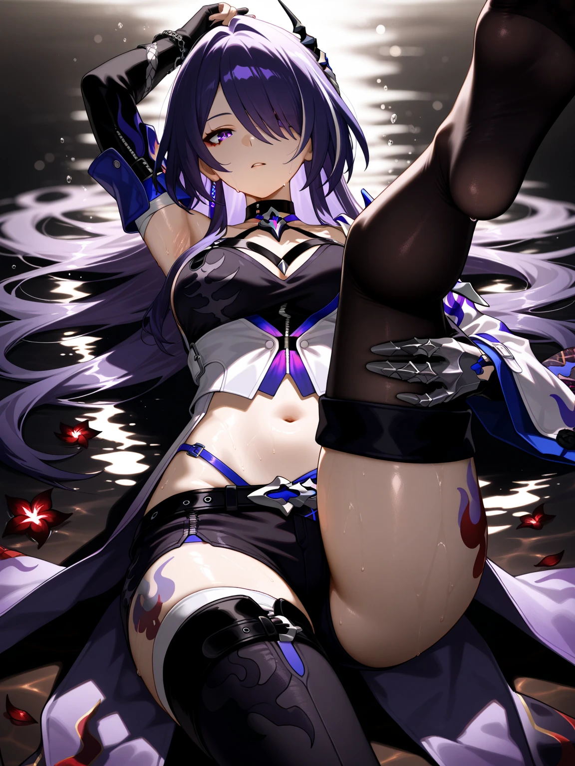(floating hair:1.2), (detailed and delicate and flexible eyes),(1girl, Dress, Heels,Necklace, Earrings, Bracelet :1.3), (corrpution,seele hsr:1.2), purple_hair, long_hair, purple_eyes ,fov, f/1.8, sky, flower petals flying, front portrait shot, side lighting, sunlight on people (masterpiece, best quality, Ultra Detail, wallpaper, detailed shiny skin, flawless, 8k, RAW, highres,absurdres,:1.3), (detailed super oily shiny skin:1.1),[wet:0.8|mucus], sitting, colorful, power scene,looking at viewer , (imid shot:0.95), (full body:1.25), Dynamic angle