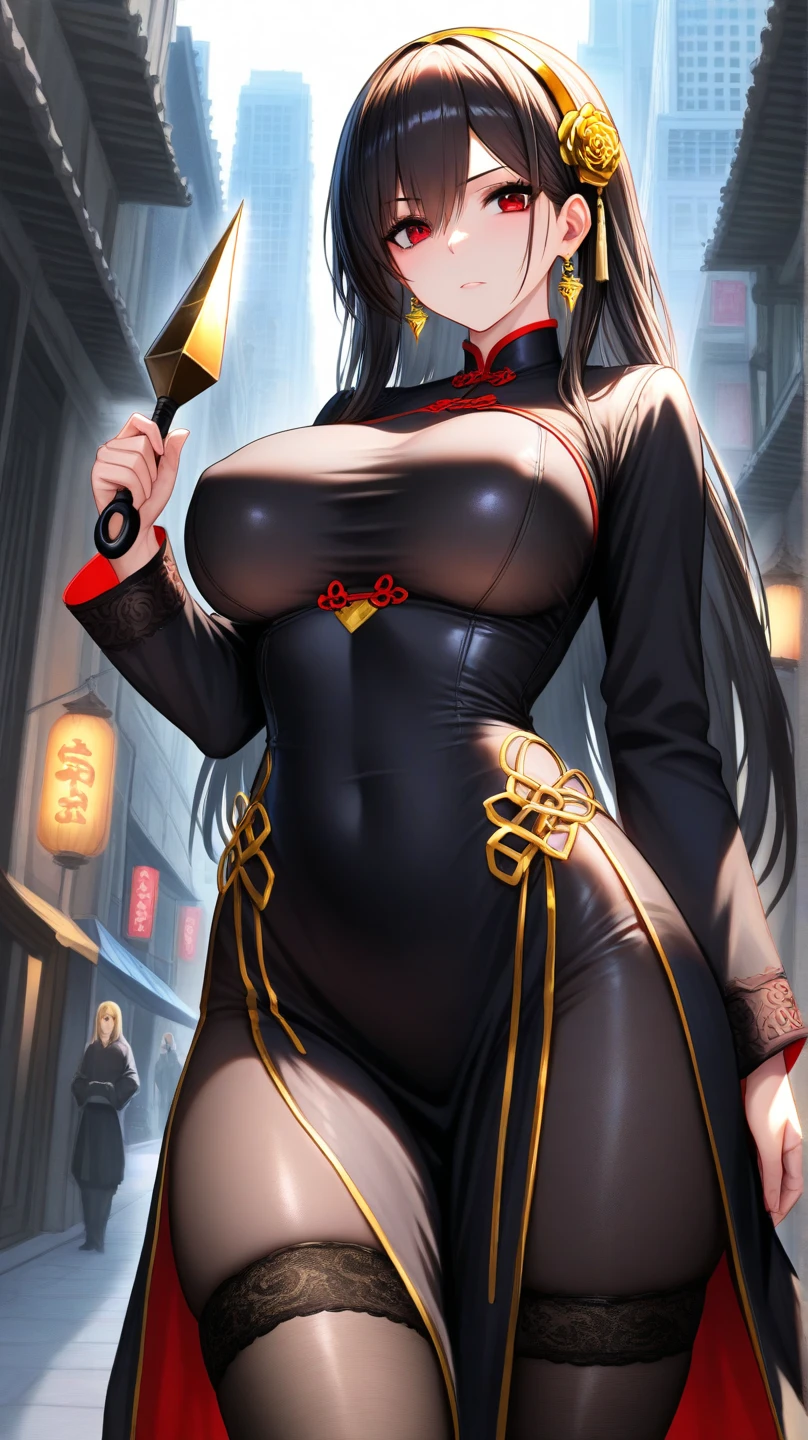 professional artwork, Intricate Details, field of view, sharp focus, detailed painting, photorealistic lighting, trending on pixiv, Standing at attention, black outfit ,yellow collared shirt,black and red bodysuit,skin_tight,black legwear, black pantyhose, Side_boob, black hair,very long hair, Bangs,yellow eyes,makeup, lipstick, 20yo,mature female,Beautiful Finger,Beautiful long legs,Beautiful body,Beautiful Nose,Beautiful character design, perfect eyes, perfect face, looking at viewer, NSFW,official art,extremely detailed CG unity 8k wallpaper, perfect lighting,Colorful, Bright_Front_face_Lighting, (masterpiece:1.0),(best_quality:1.0), ultra high res,4K,ultra-detailed, photography, 8K, HDR, highres, absurdres:1.2, Kodak portra 400, film grain, blurry background, bokeh:1.2, lens flare, (vibrant_color:1.2) (Beautiful,large_Breasts:1.4), (beautiful_face:1.5),(narrow_waist), (solo:1.4), ((landscape dimension))