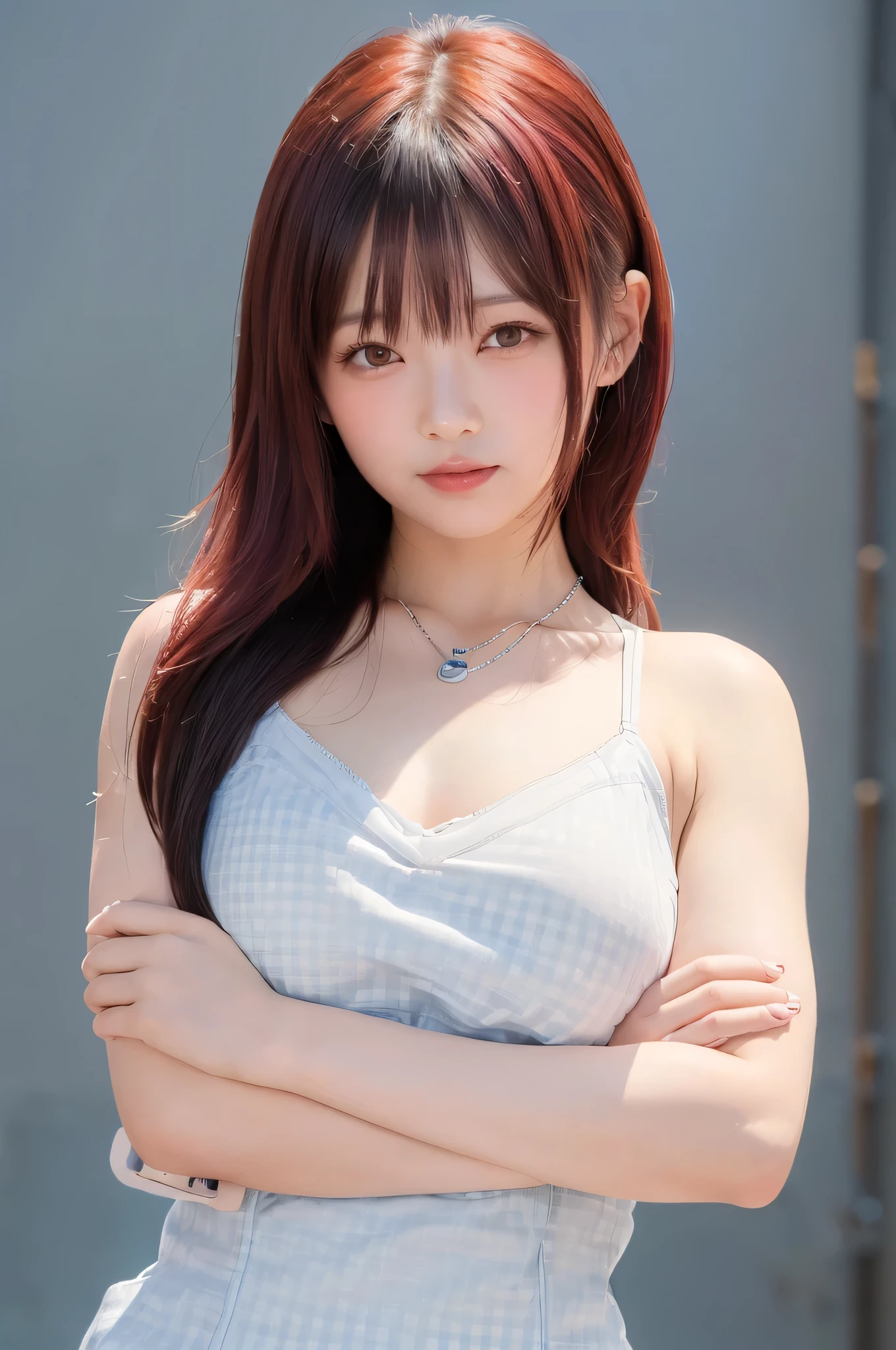 (top quality、8k、32K、masterpiece)、(realistic)、(realistic:1.2)、(high resolution)、very detailed、 very cute face and eyes、1 、round face、tight waist、Delicate Body、(close、top quality、attention to detail、rich skin details)、(top quality、8k、Oil:1.2)、(realistic、realistic:1.37)、bright color、(((I have Red hair)))、(((Upper Body Shot)))、(((short hair)))、(((Smiling expression)))、((( Red hair )))、(((It's a white and blue camisole)))、(((I'm wearing a gingham check camisole)))、(((with my arms folded in front of my chest)))、(((I have Red hair)))、((( I'm wearing a white and blue camisole )))、(((Musical note shaped necklace )))、(((私はshort hairです)))、(((happy)))、the background is a white wall、(((I'm crossing my arms in front of my chest)))
