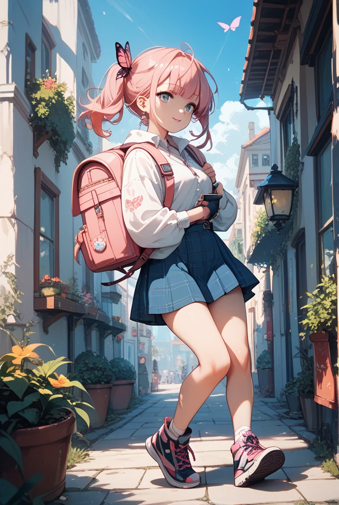((best quality)), ((masterpiece)), (detailed), perfect face,normal hand,bunny ears,pink hair,Punk Skirt,Large backpack,magic academy