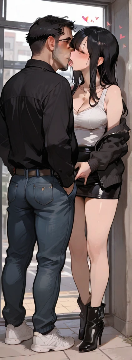 1boy, 1girl ((Boy fucks girl)), missionary position, from side , Girl in a short skirt, ((The skirt is pulled up)), sits down on the table, foot lock (1boy), brown hair