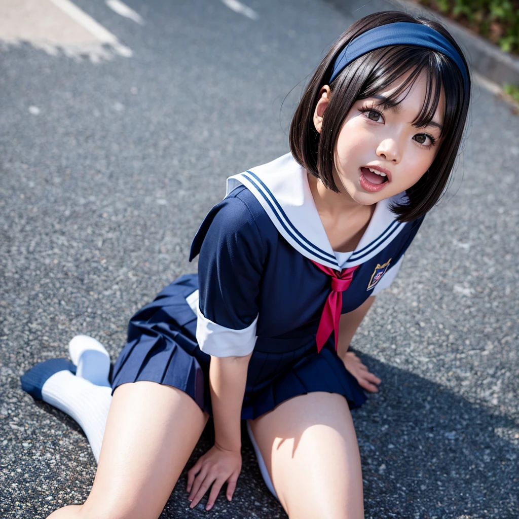 （8k、Raw photography、Highest quality、masterpiece：1.2),(Black hair bangs、Short Bob Hair:1.8),(:1.3)、View your audience,Front view,White skin,(high school girl、White and navy blue uniform:1.6)、(Tight waist:1.6)、(Clothes that accentuate the shape of the breasts:1.0)、(Small breasts :1.3)、Slim figure、Ultra-high resolution,(Small Tits、Quite small breasts、Beautiful ass:1.18)、Groin joint、Japanese women,（reality的：1.37）、Photon Mapping,reality、(Baby-faced and cute: 1.4)、Physically Based Rendering、Depth of field rally background、photograph, whole body、Great quality、((((Sailor suit))))、(((White and light blue panties)))、((((White loose socks))))、((((Brown leather shoes))))、(Outdoor Roads)、((((Low - Angle))))、Taking off her skirt