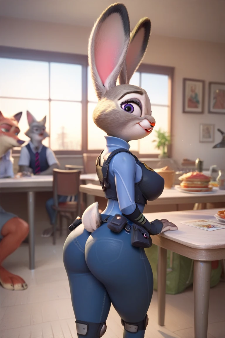 judyhopps, purple eyes, rabbit, rabbit ears, rabbit girl, (((black skirt suit))), (((three-piece suit))), (((dress shirt))), (((necktie))), (((blazer))), (((suit jacket))), ((waistcoat)), double-breasted waistcoat, (((satin bodycon miniskirt))), pocket square, cufflinks, tie clip, makeup, eyeshadow, mascara, eyeliner, sultry, blowjob, fellatio, deepthroat, facefuck, oral sex, high heels, cum on face, male tiger, size difference, short, squatting