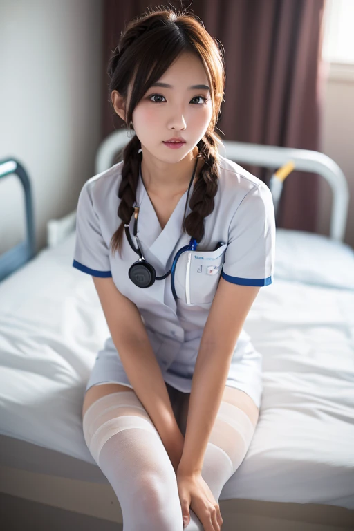 (masterpiece:1.3)、Super detailed finish、(High resolution、8k:1.3)、(highest quality)、(Super realistic like a photo:1.3)、professional portrait、professional writing、correct limbs、anatomically correct, The face is in focus、close up on face:1.3、 ultra high definition face、Face is in focus、Ultra high definition and beautiful eyes、(focused eyes、eyes that are not too big、Eyes are symmetrical:1.3)、High-definition and beautiful skin、firm skin、Ultra high definition hair texture、japanese woman、20 years old、very cute, half updo:1.3, nurse、nurse break (White nursing uniform、white nurse uniform:1.3),hospital room, (embarrassed:1.3), (blush:1.3), (Strange look:1.3), Mr.々shooting angle:1.3, looking at viewer, nsfw, (all fours pose:1.3)、Awkward pose、I have my mouth slightly open、medium breast