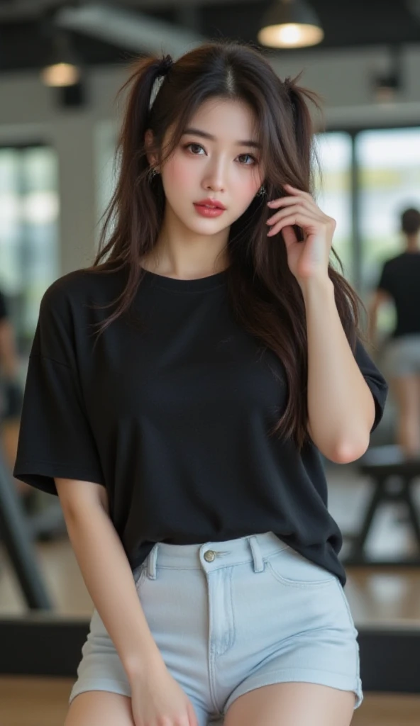 big breasts, Beautiful face, Black T-shirt, jeans, Perfect body, long hair.