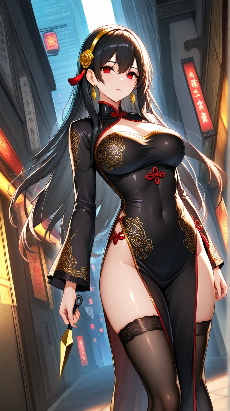masterpiece, best quality, highres, (photorealistic:1.4), earrings, (depth of field:1.8), beautiful Korean girl, thigh gap, 1 girl, long hair, ponytail, (solo:1.1), red, (slit skirt curtain:1.5),(halter neck t-shirt), shinobi, ninja, bare shoulder, elbow gloves,  (looking at viewer:1.2), (smile:1.2), (full body:1.), (in the city:1.5), medium breast,  (pureerosface_v1:0.5),