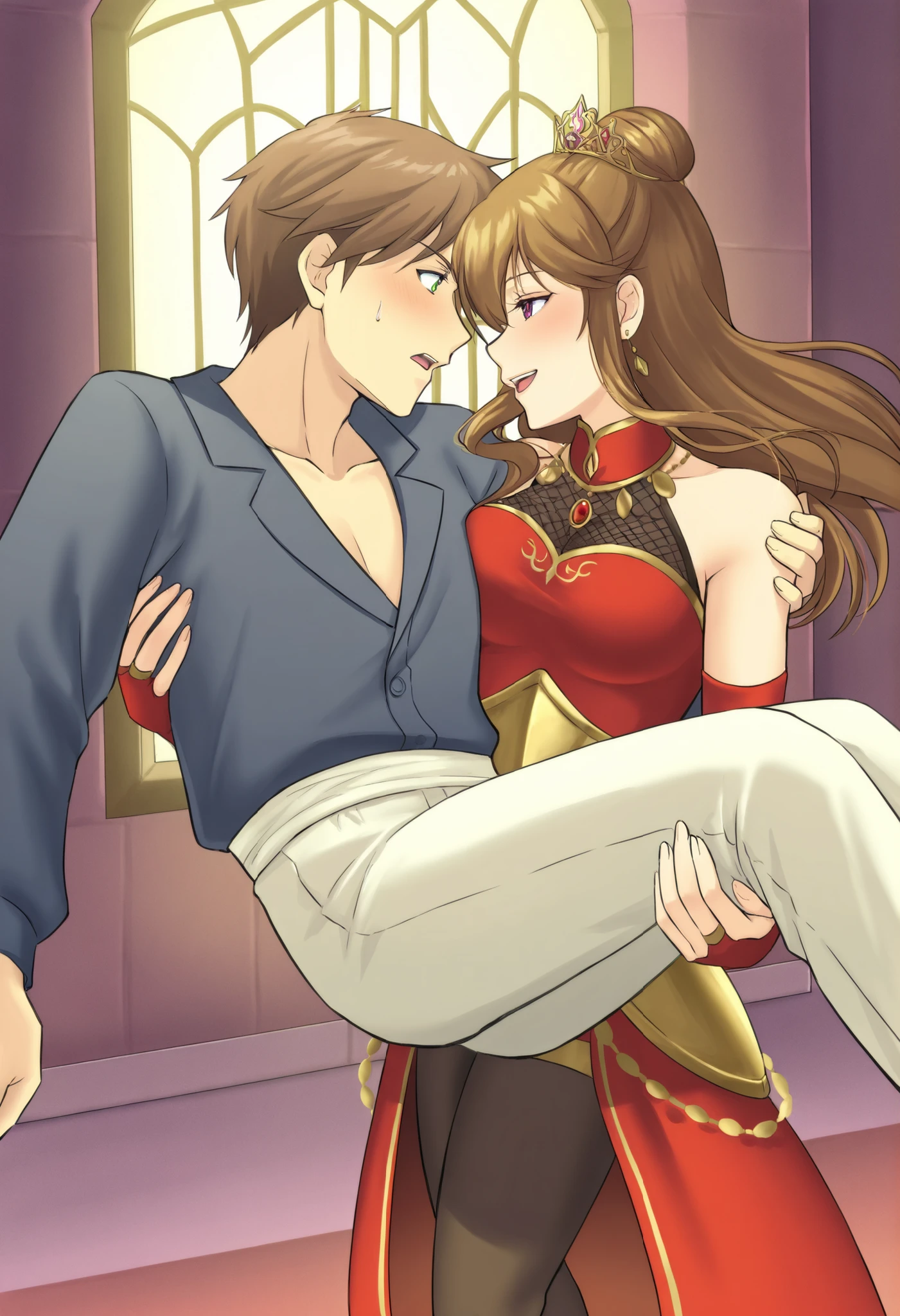 1girl, assertive female , princess carry, 1boy, bridal style, assertive BaroQue carrying passive izusu, role reversal,