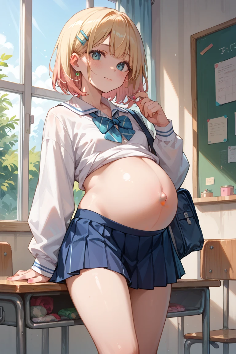 Ayumi Yoshida, elementary student, kawaii, cute, small and short, angry expression, sitting on a table in a classroom, legs wide open, (Spread your legs:1.5) , legs spread apart, visible vagina, exhausted. Open shirt, open clothes, visible chest and breast, big breast, visible navel. Evening sun. Pregnant. (Cum:1.2) mouth full of yogurt.