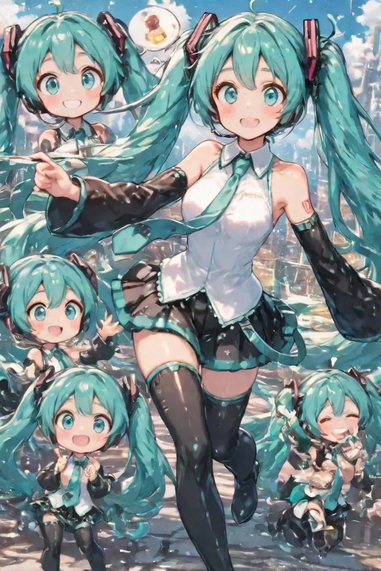 (2heads:1.5), masterpiece, best quality, rosado, otoko no ko, cone hair buns, hair bow, black crop top, wristband, black skirt, single thighhigh, looking at viewer, cowboy shot, smile, open mouth, pastel colors, clouds, sky, cobblestones, peace sign, hand to hips