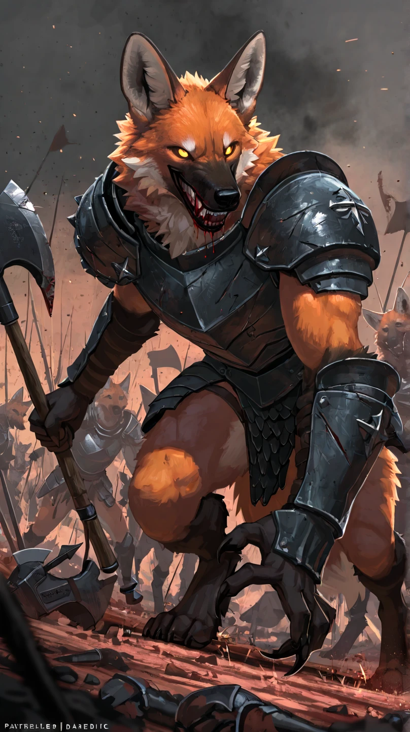 Solo Sexy young anthro furry wolf male mercenary medieval solider, slim endomorph muscular, anthro handsome gay shorter muzzle, handsome gay model male apperance, sword scars, worn out leather skimpy armament, low on hips heavy leather belt, old very worn out skimpy dirty linen material jockstrap, old yellow dirty worn out stains on white sawn jockstrap, very visible "x" brown seam pattern on the jockstrap, studded skimpy armlets breastplate armor, skimpy breastplate, leather bondages, fingerless leather gloves, smelly unwashed furr, dirty body look, desert battlefield, standing in sexy fighting position, close view of full character