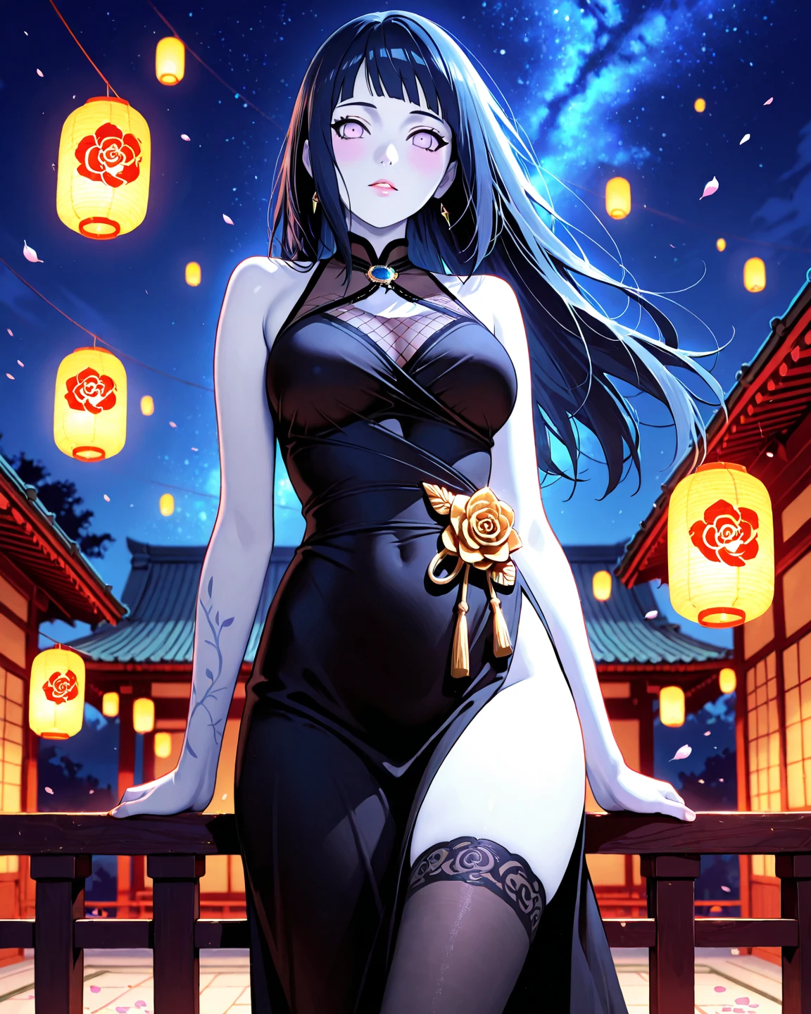 (super detailed:1.3), ((((best quality)))), ((masterpiece)), female kitsune, blue hair, long flowing hair, big green eyes, pink lipstick, full lips, (outfit between a black kimono and cocktail dress), (silky fabric), (low-cut neckline), (form-fitting waist), (short, asymmetrical skirt), (delicate floral patterns on the fabric), (sash tied around the waist with a large bow), (fox ears and fluffy tail), (bare shoulders), (elegant and sexy), (traditional meets modern style),(medieval Europe apartment background), window, (nighttime, blue moon,starry sky :1.2),((dark blue hair, light blue undertones:1.2)),angry expression,dagger strapped to leg,medium breasts