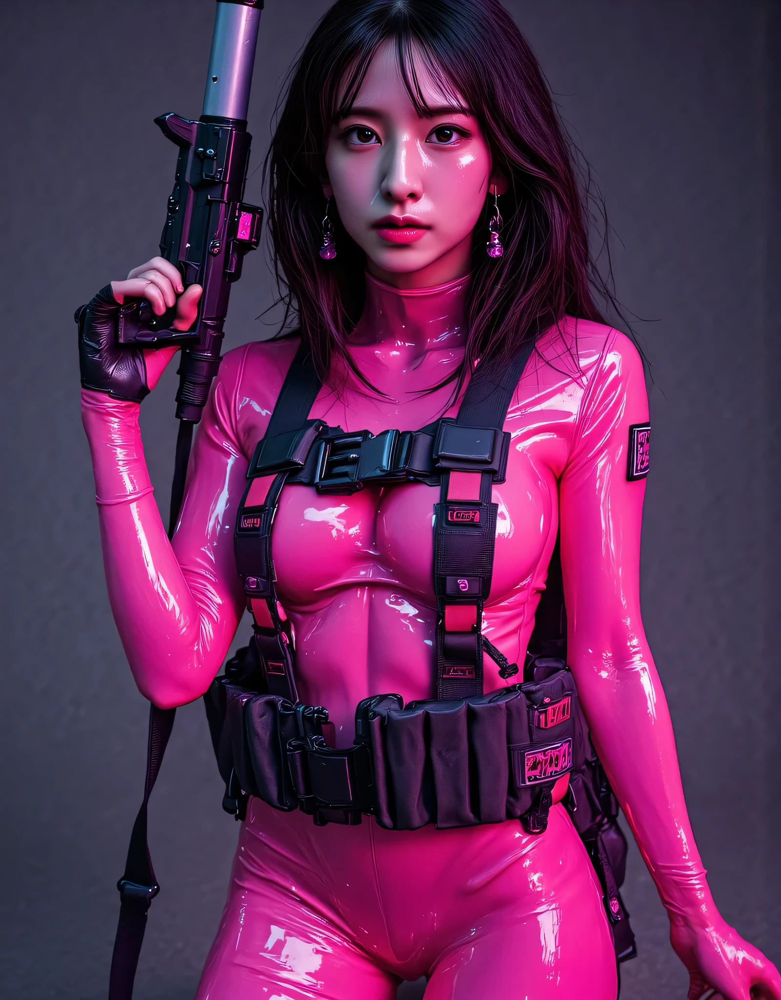 (Malay Hijab girl), Very cute and baby-like face, Power puff girl, Naked, Angry pose, Angry face, (((BROWN HAIR MALAY GIRL))), masutepiece, High quality, UHD 45K, Realistic face, Realistic skin feeling , A Japanese Lady, , , Very cute and baby-like face, (((FLAT CHEST))), ((VISIBLE CLEAVAGE)), (MATRIX WORLD), ((look In front at the camera and SADNESS)), with Kamen Rider fashion, (((Cloths colors based on red silver pink black)), captured in ultra high resolution with photorealistic and beautiful lighting. (((CUTE GIRL))), ((RED LIPS)), ((NUDE)), ((CHUBBY)), ((((WEARING FUTURISTIK POLICE RACING SUITS, LOW MINISKIRT, POLICE WAPPEN, HIGh-TECH HIJAB, MILITERY GUN-CORSET, RACING GLOVES, MACHINEGUN)), ((SHOOTING FROM BELOW)), ((VISIBLE PANTIES)). Malay girl wearing red black Mechanical costume girl in (background, backstrage).