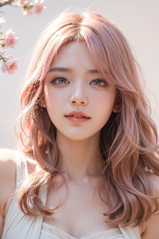 Light pink hair, Pink Eyes, Pink and white, Cherry leaves, Vibrant colors, White Dress, Paint splashes, Simple Background, Ray Tracing, Wavy Hair