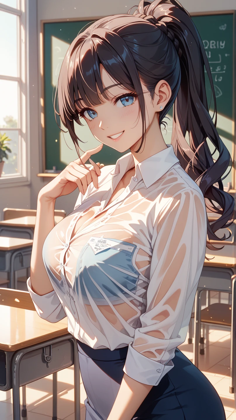 (masterpiece:1.3, top-quality, ultra high res, ultra detailed), (realistic, photorealistic:1.4), beautiful illustration, perfect lighting, colorful, depth of fields, nsfw,
beautiful detailed hair, beautiful detailed face, beautiful detailed eyes, beautiful clavicle, beautiful body, beautiful chest, beautiful thigh, beautiful legs, beautiful fingers,
looking at viewer, 1 female, 19 years old, (perfect anatomy, anatomically correct, super detailed skin), perfect face, perfect eyes, cute and symmetrical face, babyface,
(middle hair:1.8, straight hair:1.7, brown hair), swept bangs, blue eyes, big eyes, long eye lasher, (large breasts, seductive thighs), slender, skinny, shiny skin, glowing skin,
(white collared shirts, navy pleated skirt, , black lace bra, black lace panties, 1dildo, dildo under clothes, thighvibe), black collar, (lifting skirt myself), , erotic, sexy,
(beautiful scenery), twilight, (in college, in lecture hall), standing, (embarrassed, upper eyes, parted lips),
