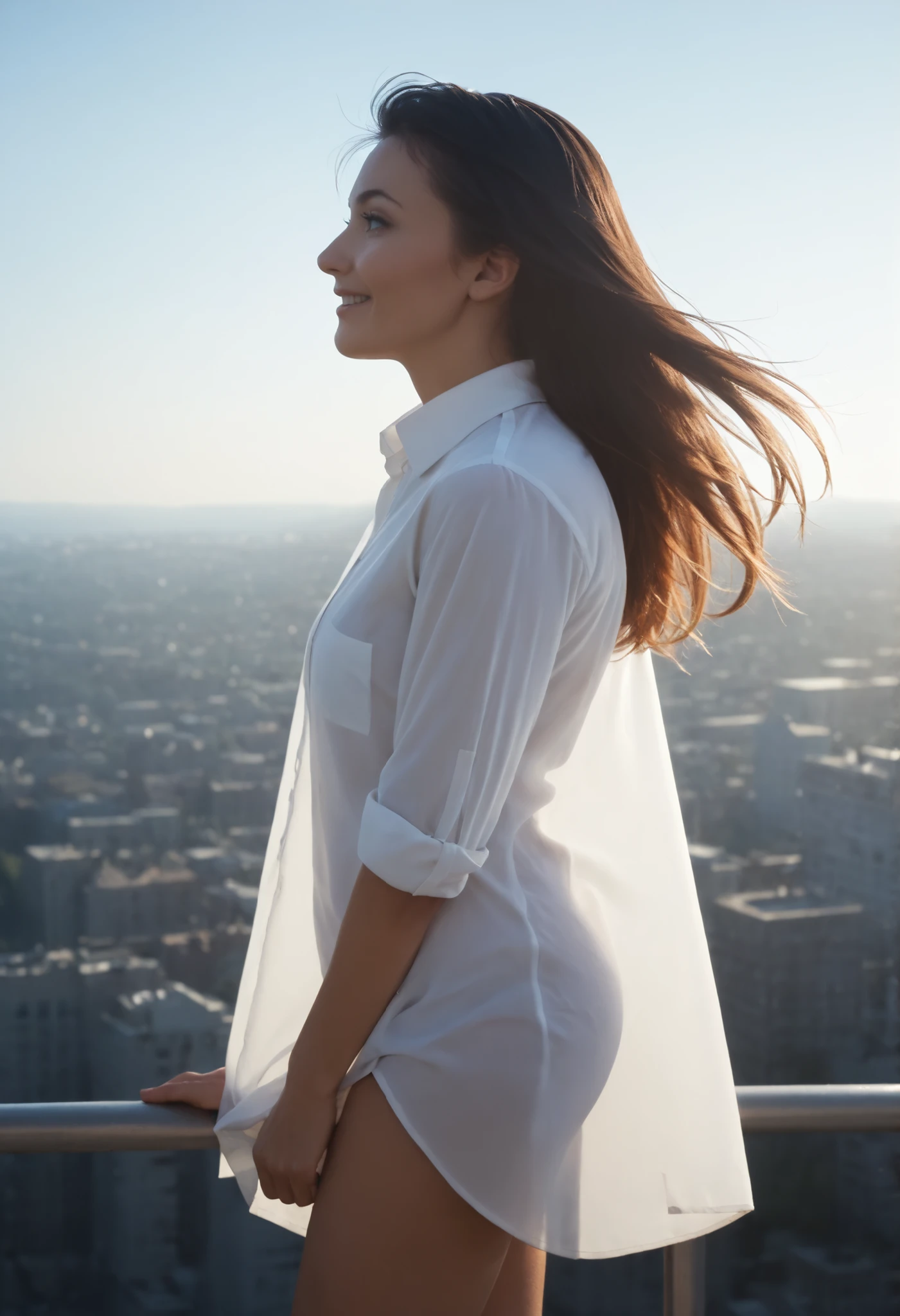 high-definition image, smiling, only wearing see through (oversized dress shirt)), (strong sunlight, old fashion, leaning forward, ((windy, aerial her hair and clothes, moving pose)), updo long hair, angle from side,