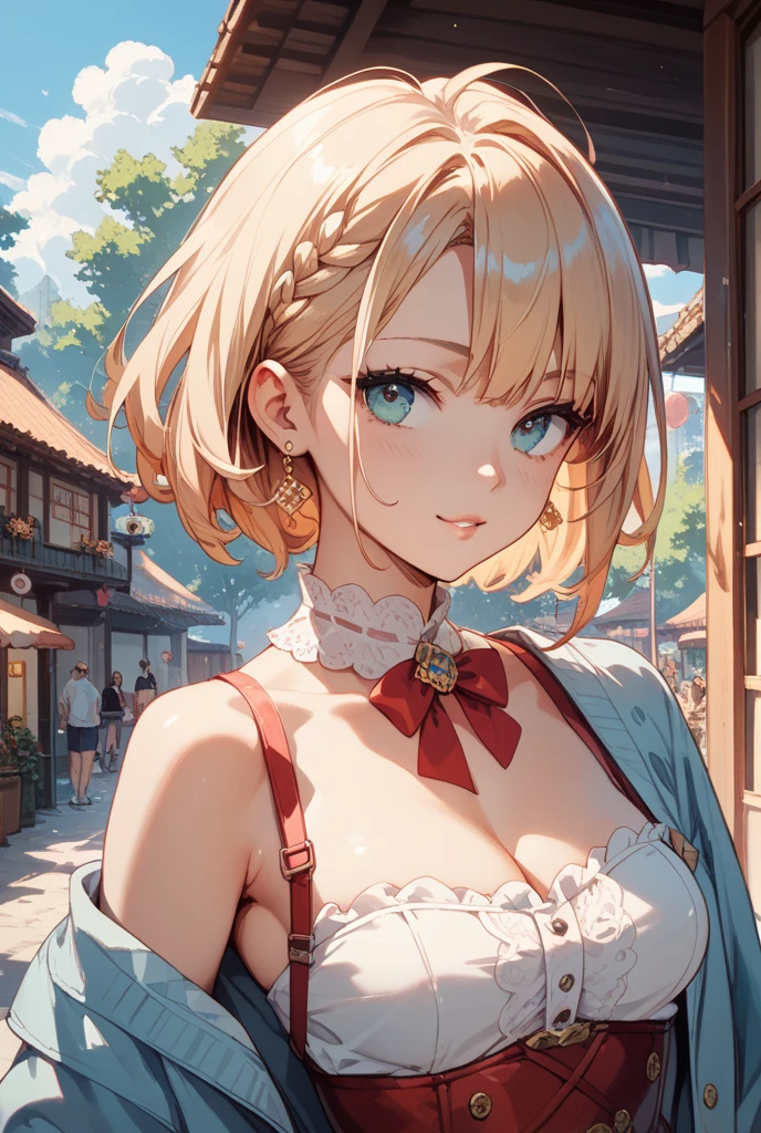 ((streetfigher)), solo, girl, shy, red cheek, bashful, ((big breasts)), ((big boobs)), embarrassed, smiling, happy, perfect face, beautiful eye, upper body,