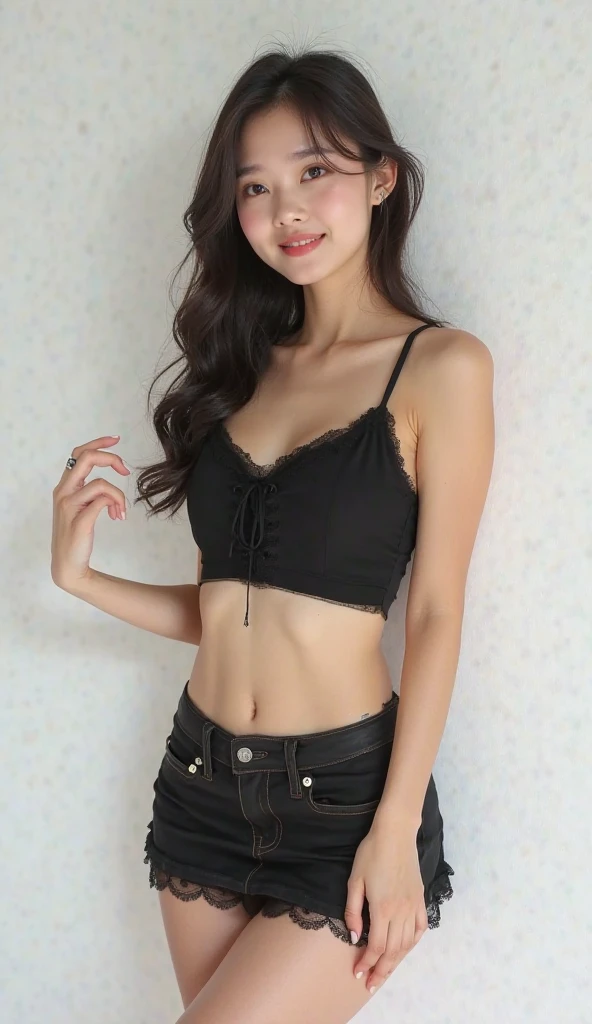 Prompt: Inspired by Michelle Chen (Michelle Chen), beautiful and attractive girl, 25-year-old Thai-Chinese girl, 162-centimeter height, natural-ivory skin tone, perfect face, small eyes, black eyes, ((Chinese droopy and monolid-eyes)), (clear-detailed eyes), centered-focus eyes, natural-gloss full lips, no-makeup looks, (2024 new-trend long bob haircut), ((pink, lavender and silver highlights on black hair)), (clear-detailed hairs), free the nipples, narrow shoulders, long neck, slim waist, rich-detailed skin texture, skin detention, (white crop-tops), high-waist blue skinny-denim, ((too-tight black color heart choker)), ((fine-detailed choker)), talk to the camera, sexy and funny in her eyes, studio portraiture, studio lighting, HDR, side view
