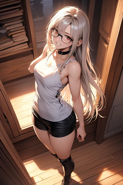 1girl, bangs, Loli body, girl, blonde hair, cleavage, mouth, small breasts, ass facing the viewer, back to screen, smile, tight, micro shorts 1.4, Ultra HD |, 4k image, glasses , character near the camera