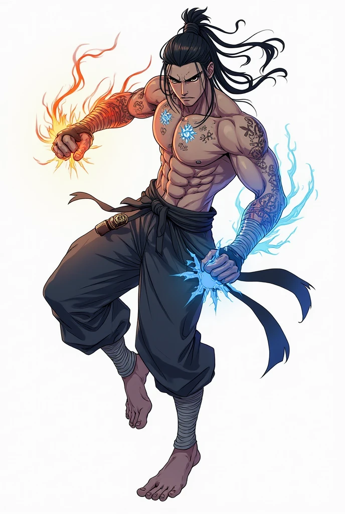 anime, 1 human man only, long black hair, standing, right wooden hand , left ice hand , right fire foot , left skeleton foot