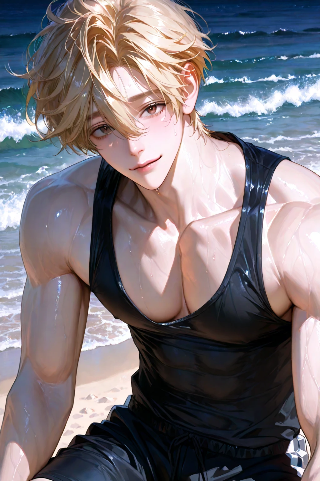 ((masterpiece)),(((best quality))), (high-quality, breathtaking),(expressive eyes, perfect face), 1boy, solo, male, short, young, 18 yo boy, short blonde hair, blue eyes, smiling, t backs, slim, shirtless, pubic hair, wet, under water, ocean, beautiful scenery, blue sky, boy --auto