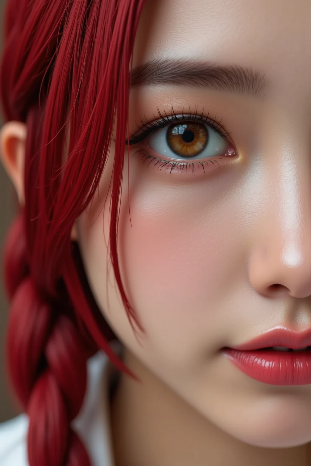 (8k, RAW photo, masterpiece, best quality, realistic:1.4), makima \(chainsaw man\), (red hair)+(long braided hair)+(bangs), yellow eyes, golden eyes, (ringed eyes), ((asian)), (white shirt), tied up bangs, stare, smile, (evil:1.2), medium long shot, looking at viewers, medium long shot, Top view, look up to, natural_makeup,((Authentic skin texture, shiny skin, real human skin:1.0)), (((Authentic and detailed face:1.0))),