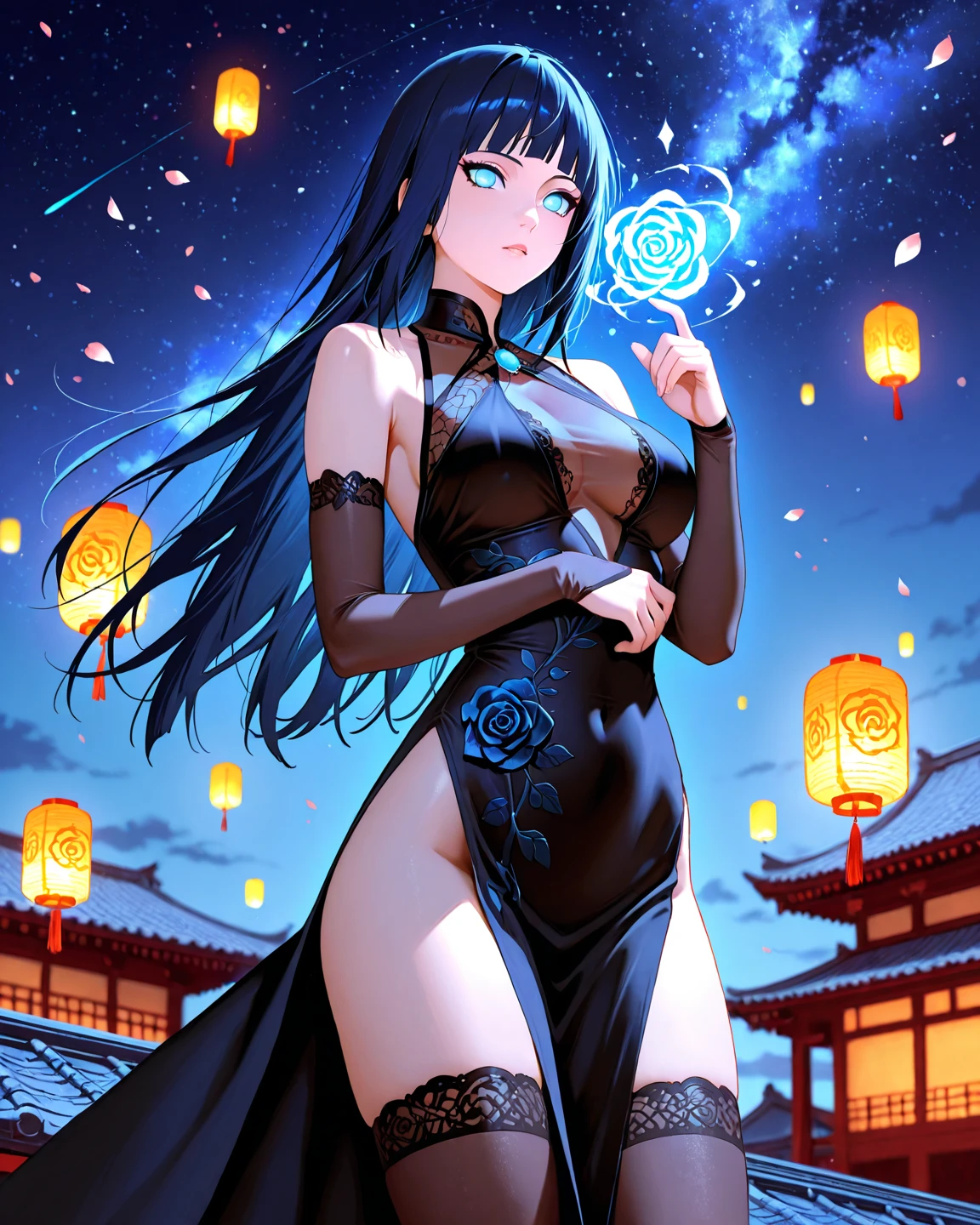 absurd res, high res, (masterpiece:1.4), ultra-detailed, 1girl, from below, space, floating, Chinese dress, black dress, stockings, dark purple hair, aqua eyes, hands out of frame
