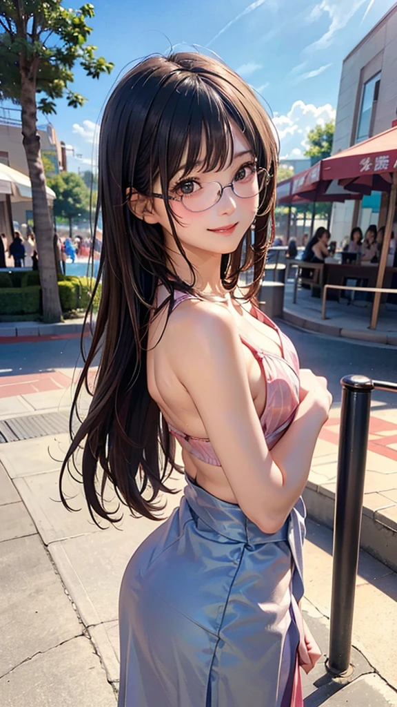 hanekawatsubasa, hanekawa tsubasa,(smile),(with sparkling eyes and a contagious smile),her pink panty pulled by self,a 17 years old, long hair, black hair, hair ornament, (brown eyes:1.1), braid, hairclip, twin braids, glasses, pink bikini, outdoors, beach, looking at viewer, (masterpiece:1.2), best quality, high resolution, unity 8k wallpaper, (illustration:0.8), (beautiful detailed eyes:1.2), extremely detailed face, perfect lighting, extremely detailed CG, (perfect hands, perfect anatomy),