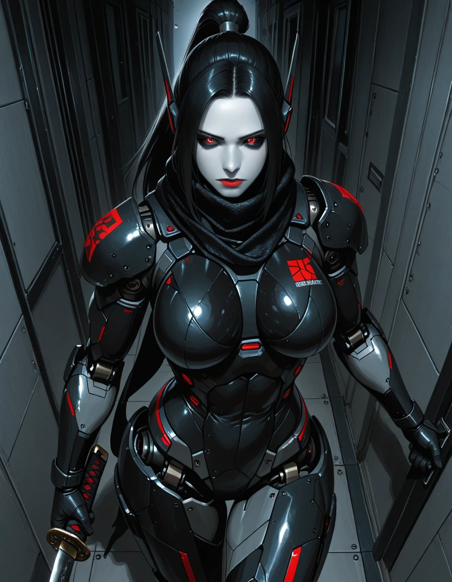 ral-opal, meahophontron, full body, woman robot face, Cyberpunk, devil nun, negro, looking at camera, body nun clothes, red eyes, primer plano looking at camera, realist, beautifull woman, sexy face, black clothes, gray and red, Red high heels, holding red crucifix.