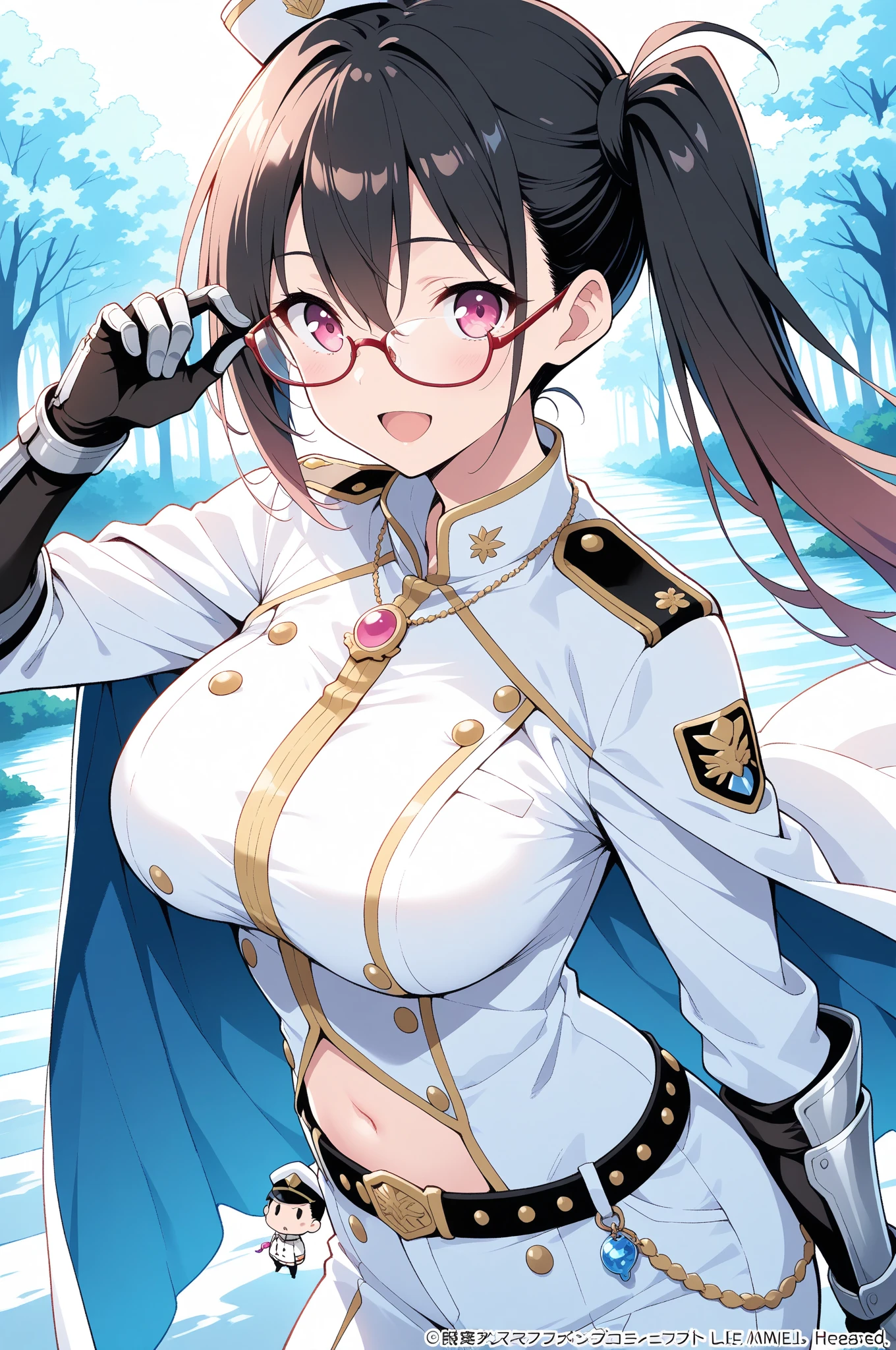 masterpiece, best quality, purah, red glasses,Off the shoulder dress， hair accessories, white jacket, sleeveless tops, black skirt, Upper body, from above, looking at the audience, Smile, open mouth, Frowning, rural ，cleavage
