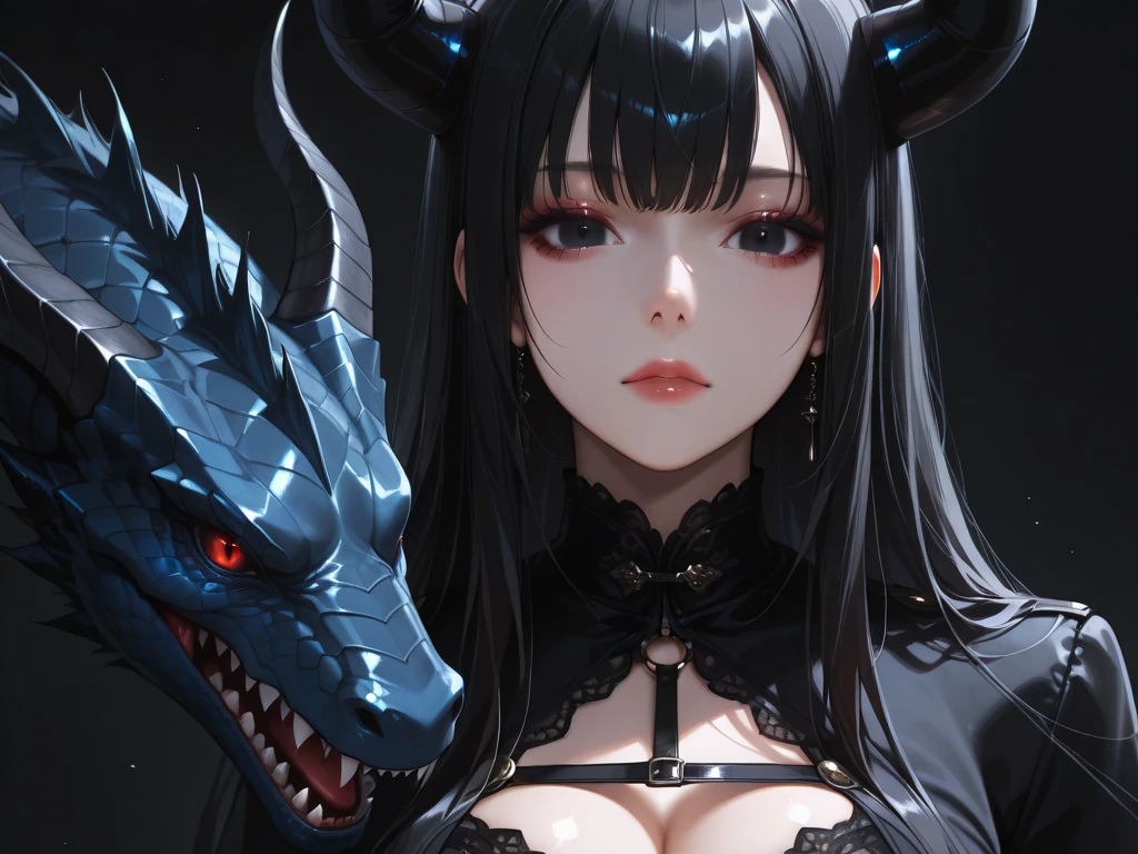 a beautiful detailed anime MILF, 1girl, long black straight hair, dark red eyes, big breasts, chain mail bikini, red eyes black dragon, highly detailed, intricate, masterpiece, ultra-detailed, extremely detailed, cinematic lighting, dramatic shadows, photorealistic, 8k, HDR, vivid colors, hyper realistic