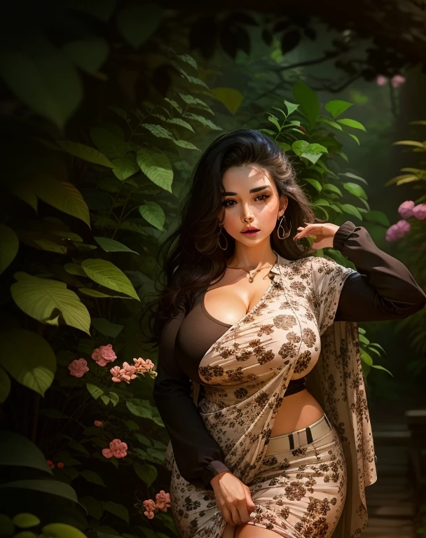1 girl, age:18, outfit: black and white saree with bra instead of blouse, detailed face features, beautiful eyes, full lips, delicate skin, intricate jewelry, shimmering saree fabric, ornate golden border, standing in lush garden, warm afternoon sunlight, photorealistic, 8k, high resolution, realistic, cinematic lighting, masterpiece, hair style: very short hair with one side cut, hair colour: red