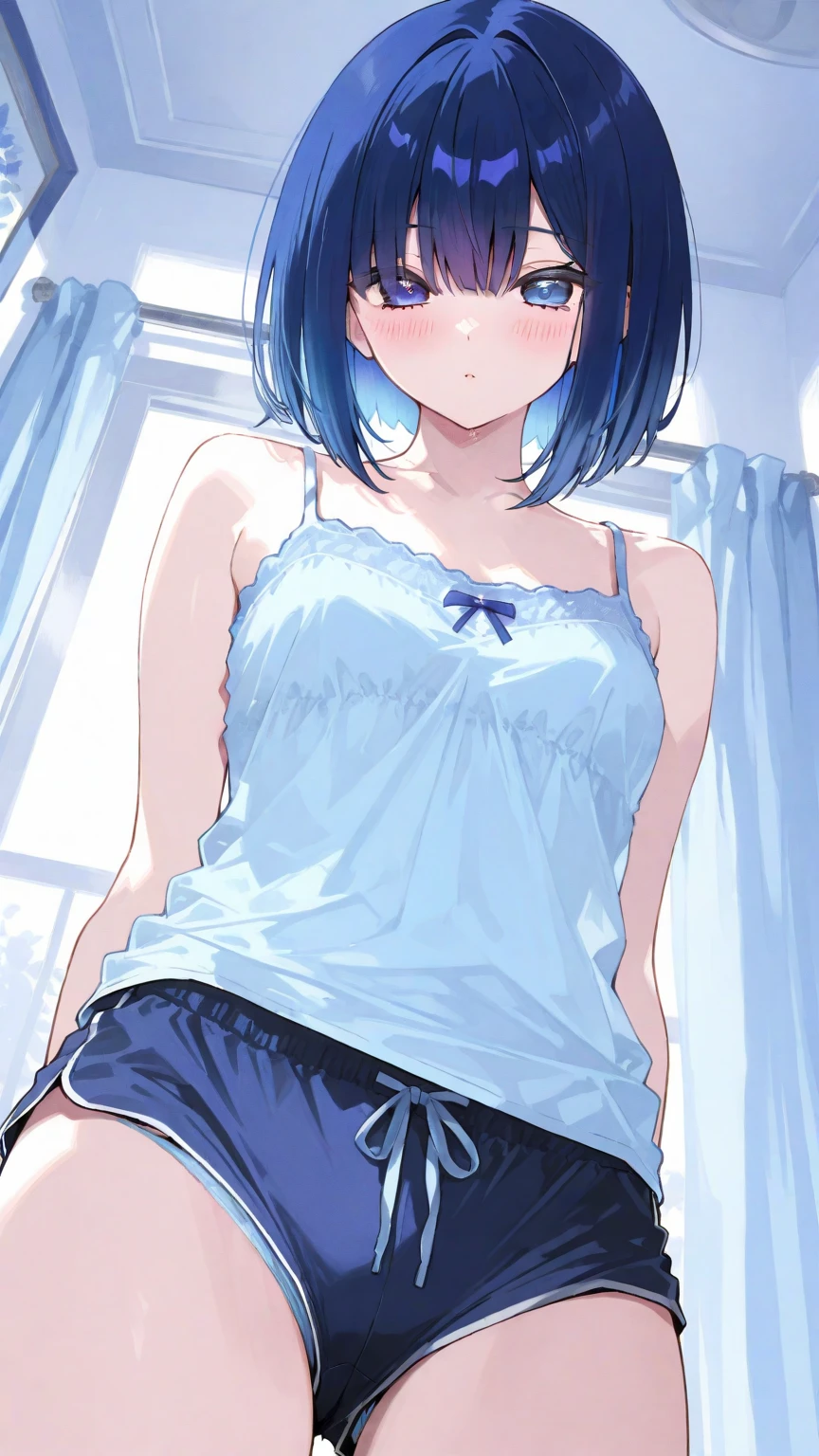 masterpiece, highest quality, High resolution, teacher, brown eyes、short hair,blue hair, white skin、thick legs、underwear, In the dressing room,bathing、 hide with hands,embarrassing, open your mouth,