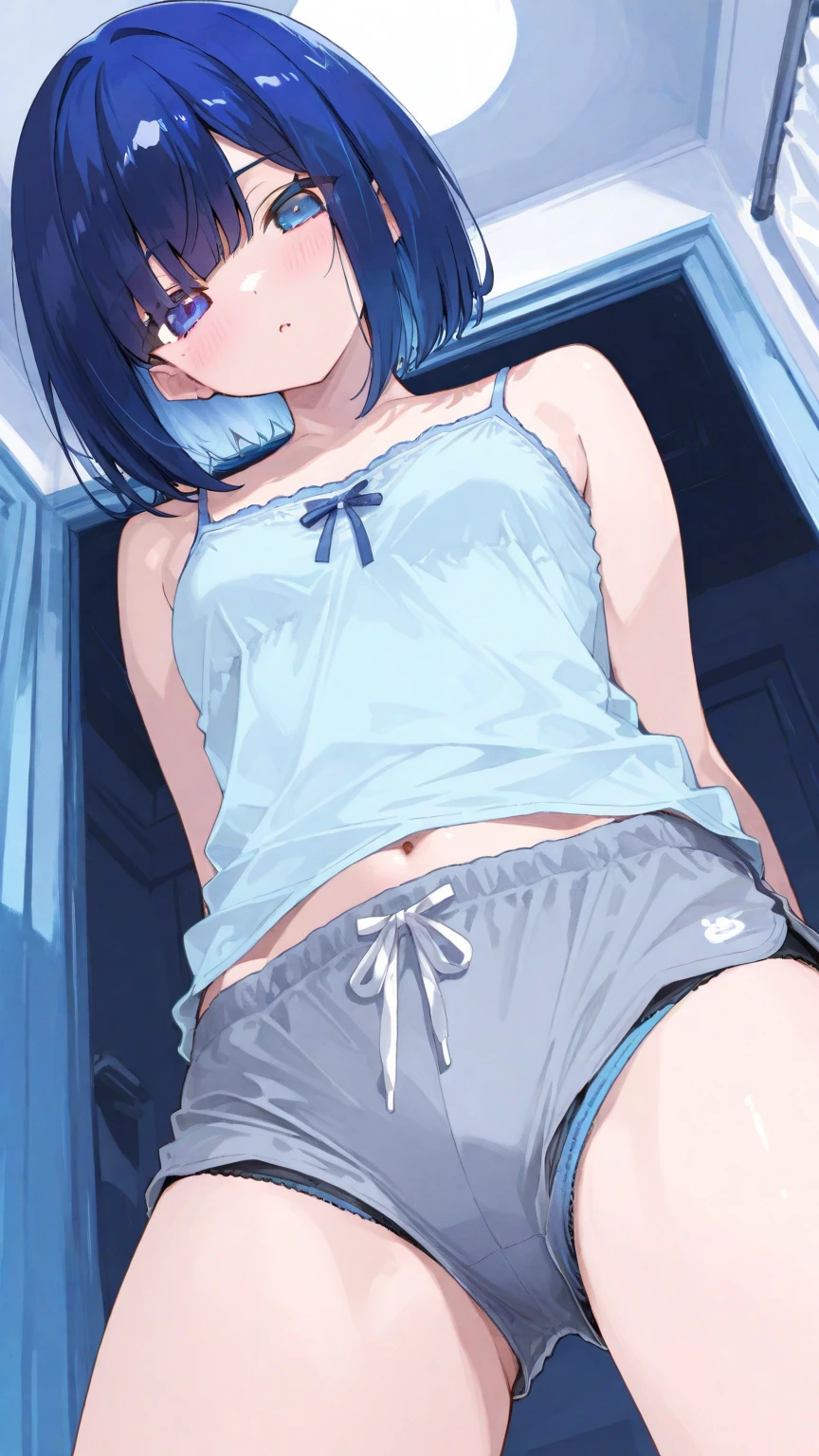 (NSFW)((Best Quality)), ((Masterpiece)), (Detailed), woman with short blue hair with glasses, very white skin, red eyes, with a too short miniskirt, with a scared expression and crying in pain for losing her virginity, she feels alone and has no help but also a sexualized expression