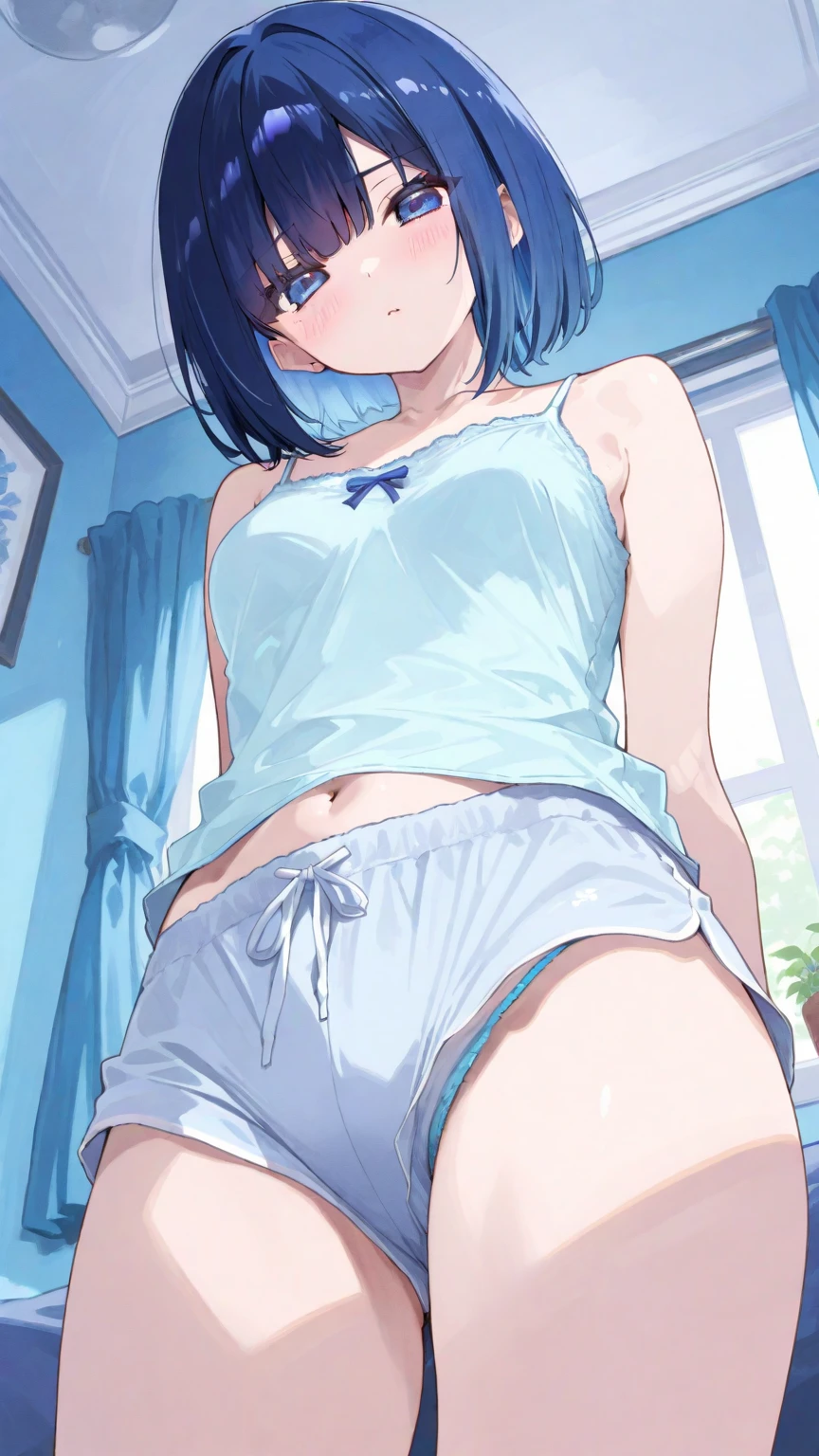 full body,masterpiece, high details, high quality, best quality, anatomically correct, masterpiece, textured skin, super detail,ultra-detailed, best quality, extremely detailed, 8k, high res, realistic, 1girl, 18yo, beautiful girl, (half closed eyes),(narrowed eyes:1.2),(open mouth), (blush:1.2),BREAK,(tanktop:1.4),blue beautiful eyes, medium bob hair, (asymmetrical parted bangs), (dark blue beautiful hair),BREAK,(Lift your chest with your hands:1.5),(voluptuous bust:1.3),(Gaunt , thin waist:1.3),looking at viewer,white background, 
