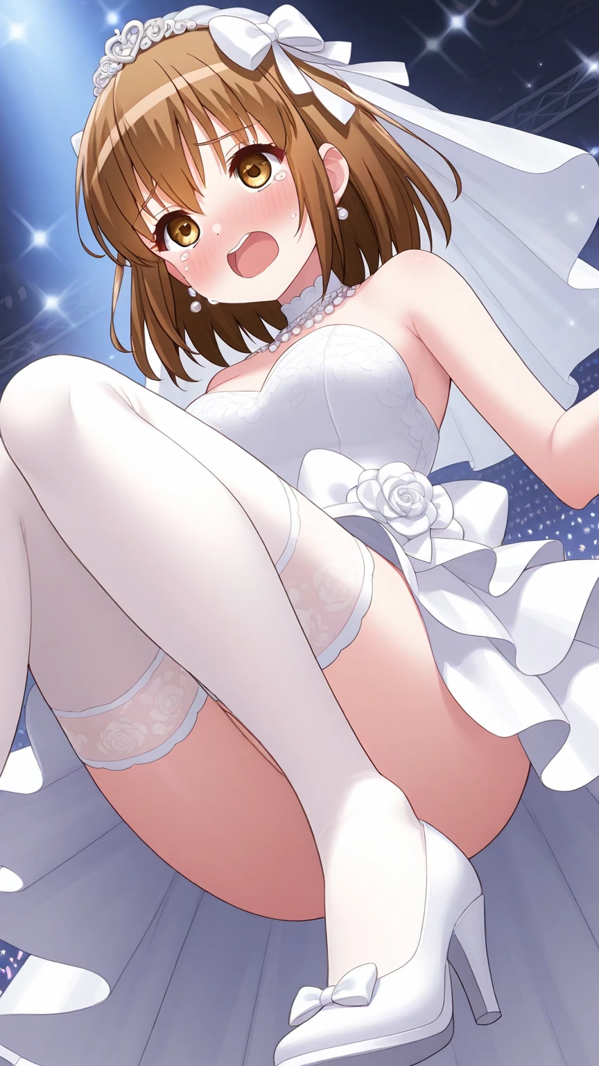 score_9, score_8_up, score_7_up, source_anime, sakimiya iruka, red hair, green eyes, one side up, medium hair, green scrunchie, hair ornament, shiny skin, rating_explicit, large breasts, large ass, pole dancing, (wedding dress, mini skirt),(cameltoe),(frown, tearful), (tears),(sweat:1.2),(steam on body, heavy breathing),(motion lines, motion blur),dynamic pose, on stage