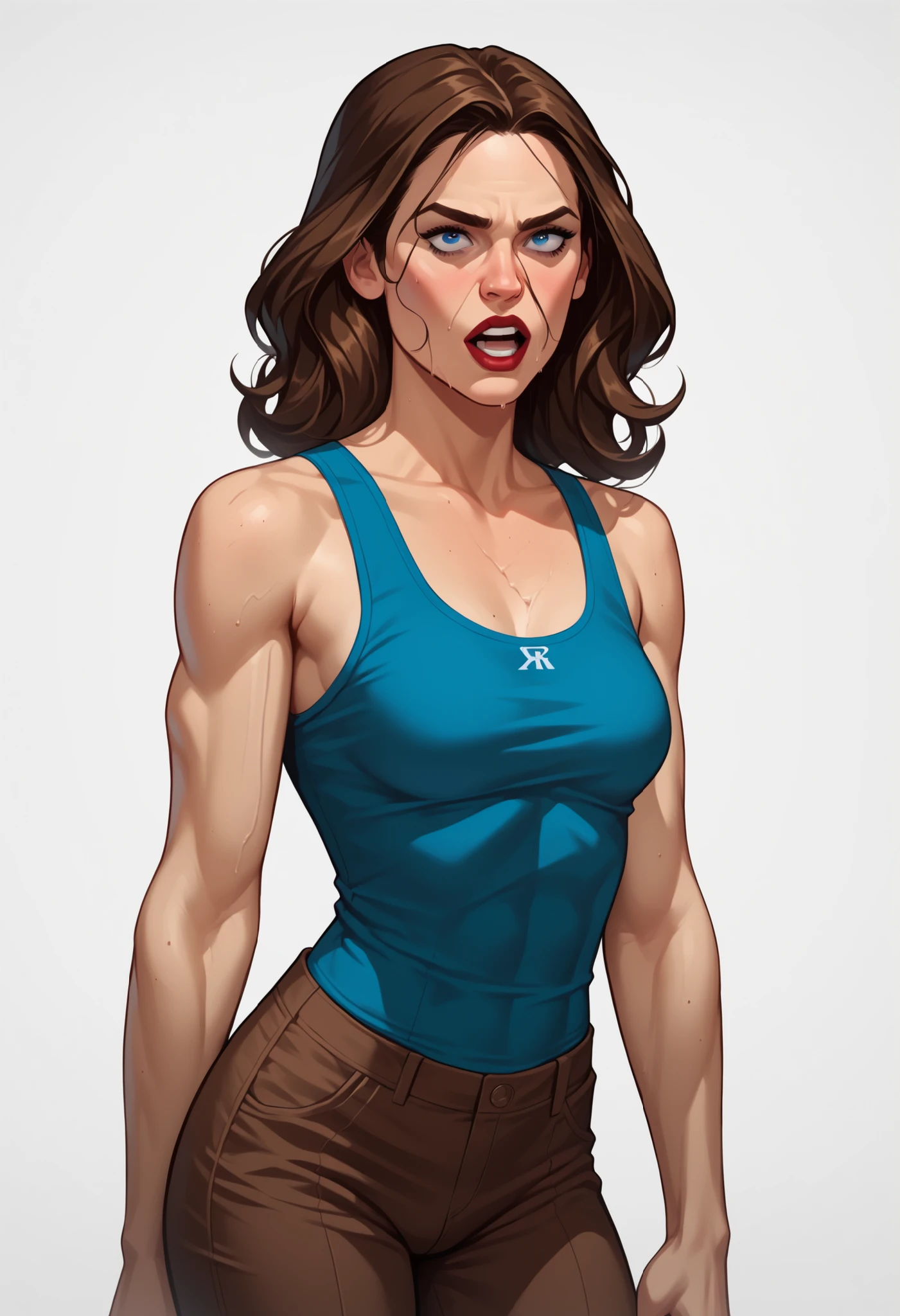 cute girl. shy pose. sexy body shape. white tank top. mini skirt jeans. on her daily life outdoor activity. Very beautiful 13 years old girl. strong arms, muscular thighs, ripped muscles, six pack abs, muscle arms, muscular, flat chest, Caucasian, tomboy, slender, short messy fiery red hair, green eyes