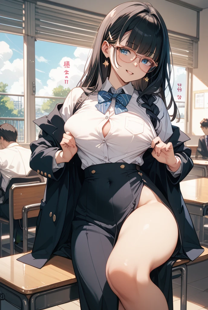 score_9, score_8_superior, score_7_superior, score_6_superior,an an anime style picture of a girl with colorful hair holding two hearts, 1girl, solo, looking at viewer, blush, multicolored hair, red eyes, large breasts, (red hair), (((Black hair))), long hair,((Smiling)) fang, kawaii, kawaii girl, bottom view, from the bottom, perspective, low-angle, decora, hairclips, accessories, hair ornaments, glitter, sparkles, (bedazzled accessories), pencil skirt, button up white shirt open, teacher, glasses, black pantyhose, panties under pantyhose, black bra, cleavage, (legs spread open) legs on table, holding face, sitting on a desk, chalk board in background, smiling, hands on the desk, with a yandere smile