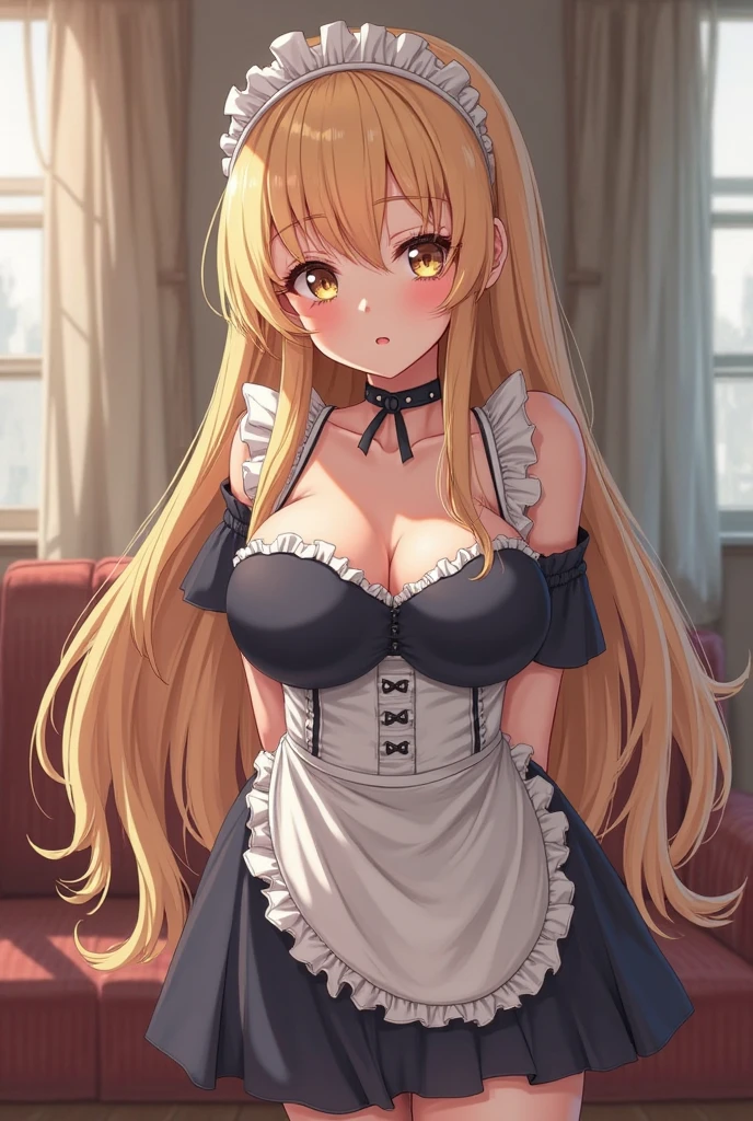 One Woman、beautiful girl、maid、20-year-old、Blonde、Very Long Hair、Western-style building、maidの、頭にmaidカチューシャ、Short skirt、Black Pantyhose、Ultra-definition image quality、Highest quality, smile,Big Breasts、Very large breasts、Sit on a chair、Crossing your legs、Crossing your legsポーズ、Poses that accentuate the chest