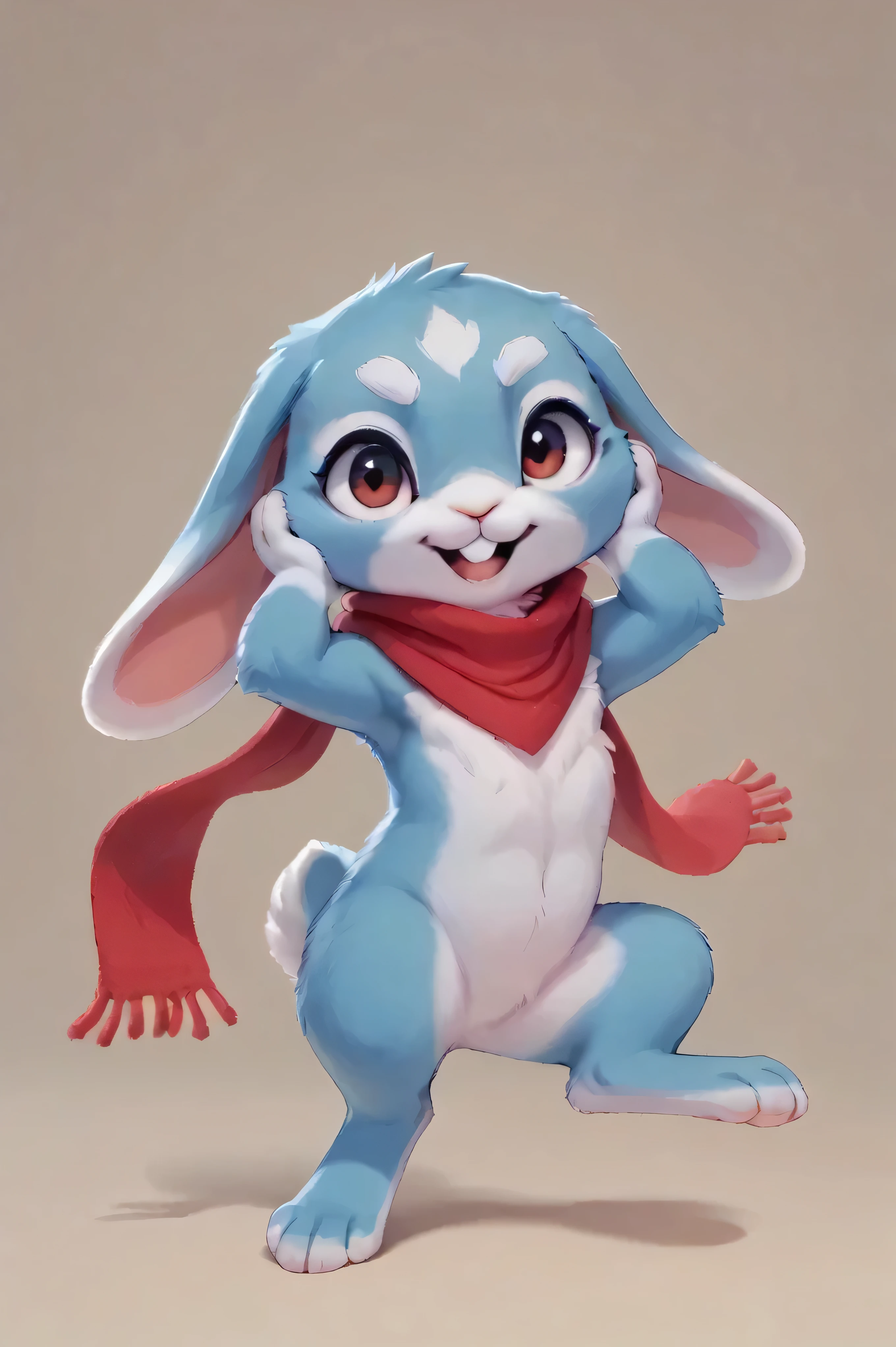[Paint 3D Testing*] [Artist Style] -masterpiece,high quality, slight_chibi, KuroRabbi, rabbit, anthro, DTkr, furs, buckteeth, slender, blue fur, paw, animals(furry), feral,(furry), rabbit face,short limb, legs(furry), hands(furry), floppy ears(furry),darkred scarf, feral, digitigrade, anatomically_correct, quadruped, white brows spot,  