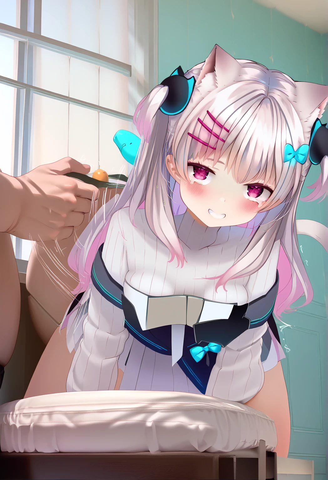 modelshoot style, (masterpiece:1.3), (absurdres:1.3), (best quality:1.3), (8K), (large masterpiece digital art), (detailed manga illustration), (handled hair), perfect anatomy, (sharp eyeliner, eyeshadow, detailed eyes:1.1), (intricate details:1.3), (ultra-detailed:1.3), (illustration:1.3), (sharp focus:1.3), (natural lighting:1.05), (vivid colors:1.3), BREAK  <lora:yorumiRenaNijisanji_v1:0.8>, 1girl, solo, yorumi_rena, rena1, red eyes, glowing eyes, multicolored hair, (grey hair, black hair, split-color hair),(red hair, streaked hair), twintails, hair ornament, ahoge, hair ribbon, bangs,  hair bobbles, black bow, large breasts, very long hair, hair bow, <lora:gloryhole_v1:1>, glory hole, hole,  handjob, squatting, nsfw, penis, (cum, cum on body, facial, cum on breasts, ejaculation, after fellatio, after ejaculation, fellatio, blowjob