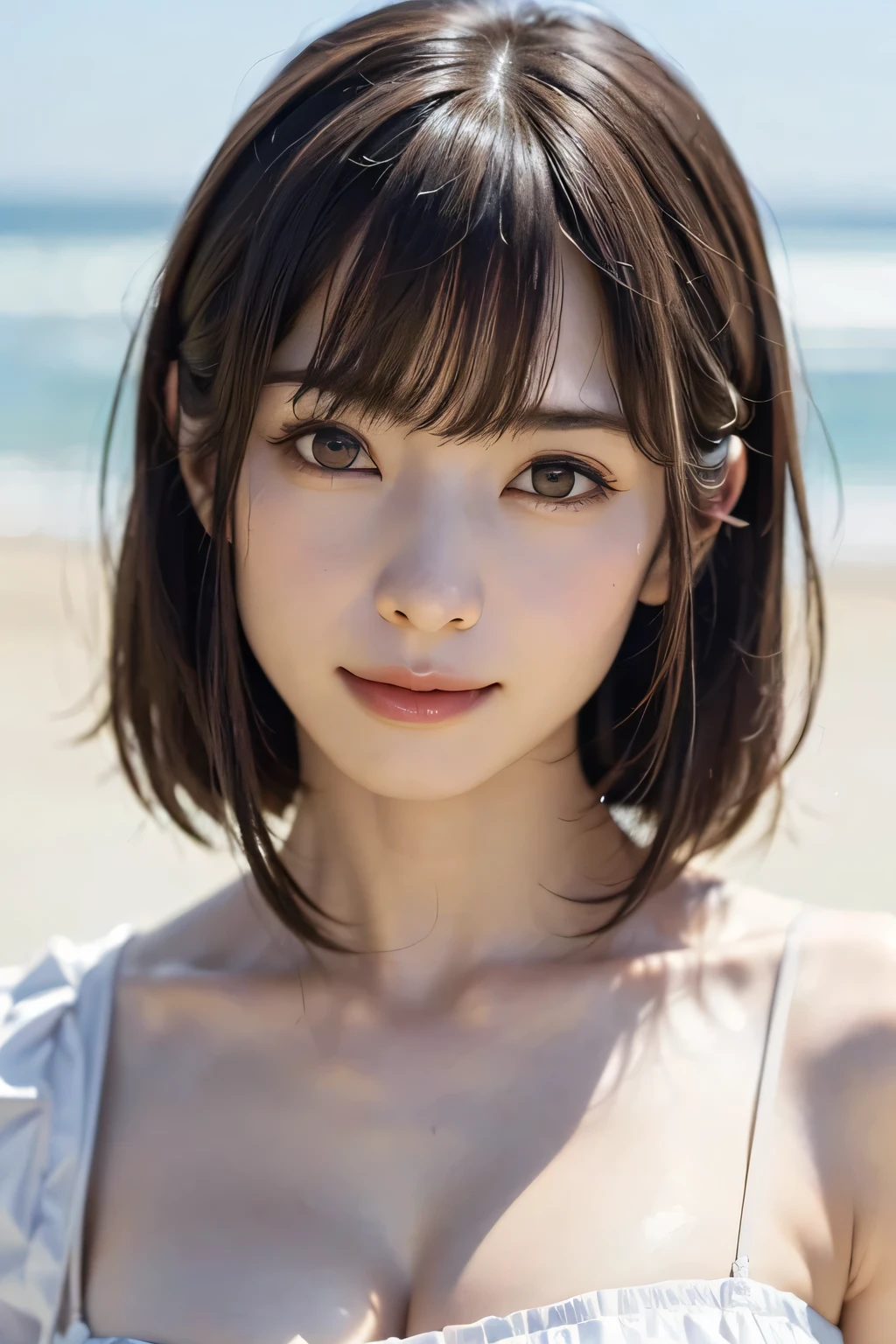 (highest masterpiece、 top quality、super high resolution、 face focus focus 、Focus on the side、Pay attention to the belly button、neckline、Very attractive beauty、add strong highlights to the eyes、look closely at the camera:1.4、Really beautiful bangs:1.short brunette bob(with bangs):1.4),1 , dark haired, Realistic, Staring at the Audience, Pale eyes, short hair, lips, lip gloss, upper body、big eyes、Lashes)、((draw everything realistically in high resolution、very simple white sky background:2、Hyper Realistic Stick:1.short hair with bangs:1.4、Beautiful 46 point bangs:1.4、{detailed eyes drawn on a giantな|big|detailed eyes drawn on a giantなな|Mega} chest:2, chestの谷間:2、big eyes、show students a very strong emphasis、very bigger chest、Staring at the Audience、VERY BEAUTIFUL BEAUTY、Show me your ears、 beautiful long neck 、 美しいneckline 、smile、A smilee beautiful teeth、Open your mouth and smilee))、2、very cute supermodel、perfect anatomy、(({detailed eyes drawn on a giant|big|detailed eyes drawn on a giantな|Mega} chest, chestの谷間))
